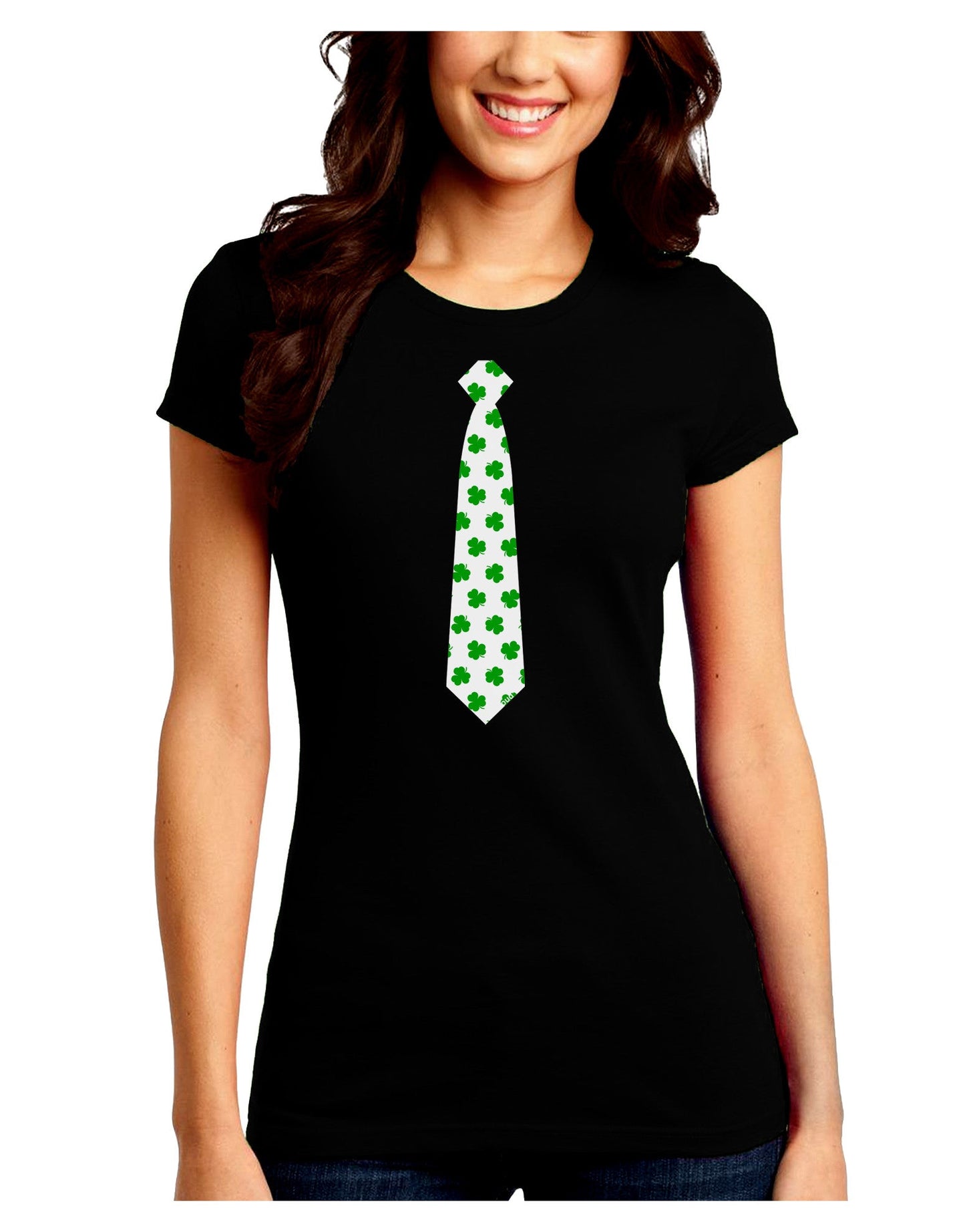 Clover Pattern Tie St Patrick's Day Juniors Petite Crew Dark T-Shirt-T-Shirts Juniors Tops-TooLoud-Black-Juniors Fitted Small-Davson Sales