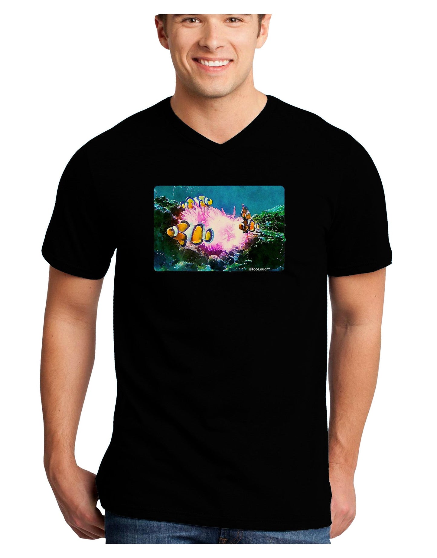 Clownfish Watercolor Adult Dark V-Neck T-Shirt-TooLoud-Black-Small-Davson Sales