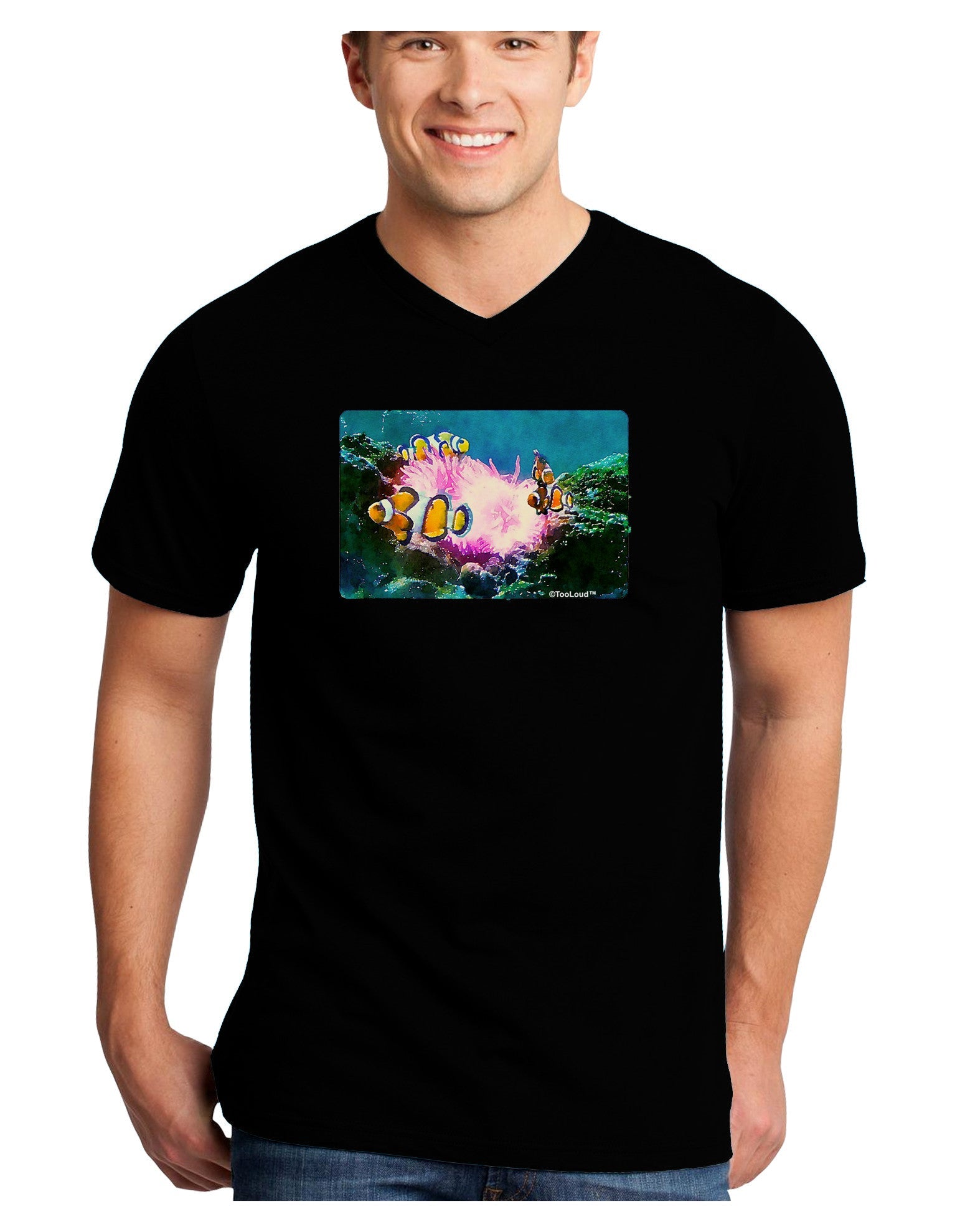 Clownfish Watercolor Adult Dark V-Neck T-Shirt-TooLoud-Black-Small-Davson Sales