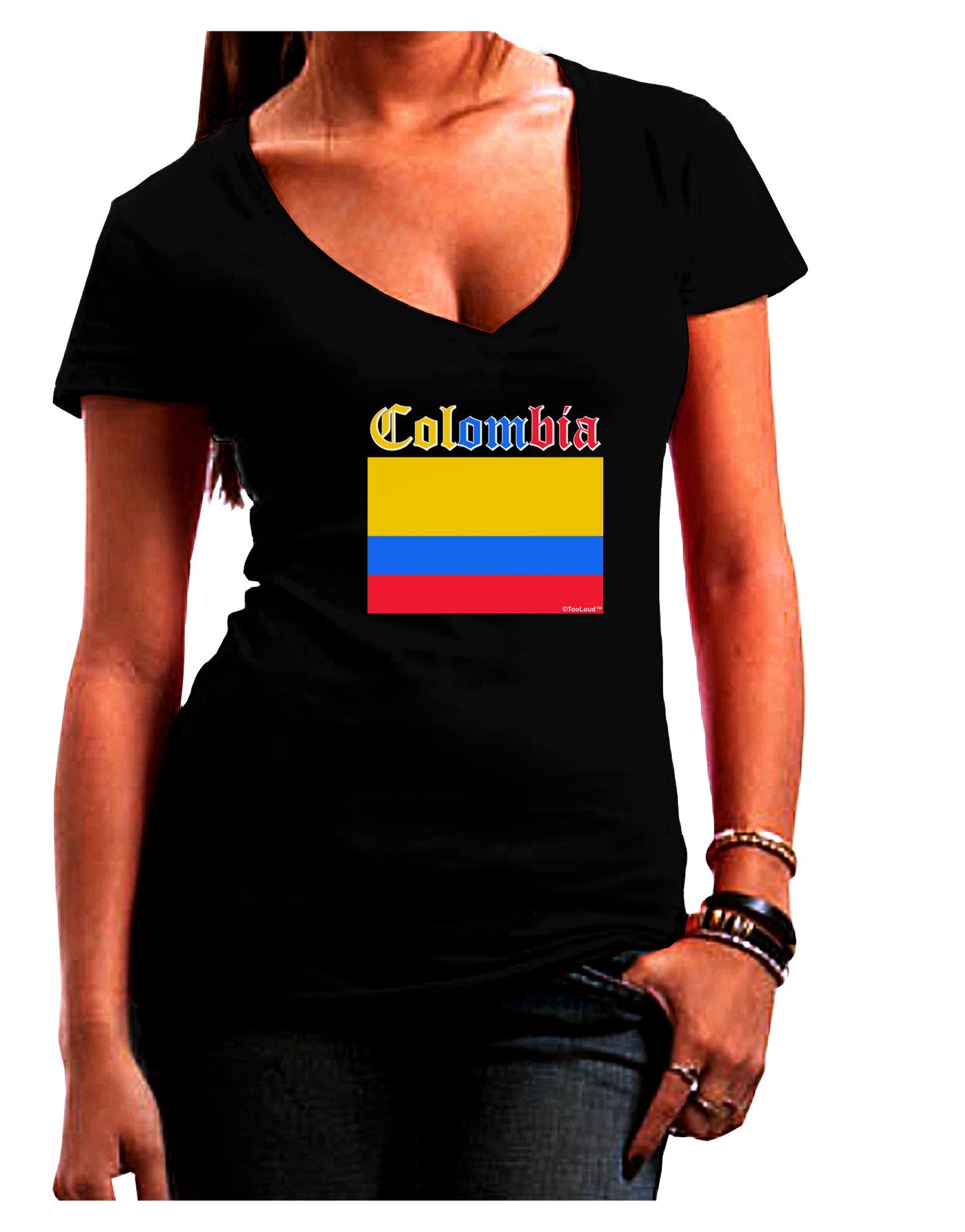 Colombia Flag Womens V-Neck Dark T-Shirt-Womens V-Neck T-Shirts-TooLoud-Black-Juniors Fitted Small-Davson Sales