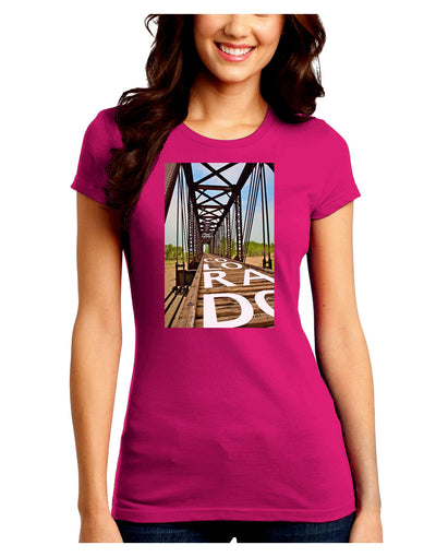 Colorado Bridge Text Juniors Crew Dark T-Shirt-T-Shirts Juniors Tops-TooLoud-Hot-Pink-Juniors Fitted Small-Davson Sales