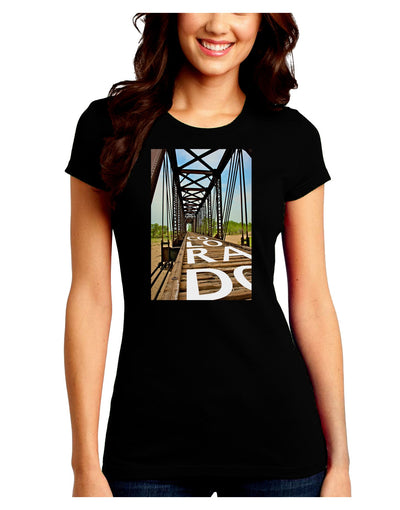 Colorado Bridge Text Juniors Crew Dark T-Shirt-T-Shirts Juniors Tops-TooLoud-Black-Juniors Fitted Small-Davson Sales