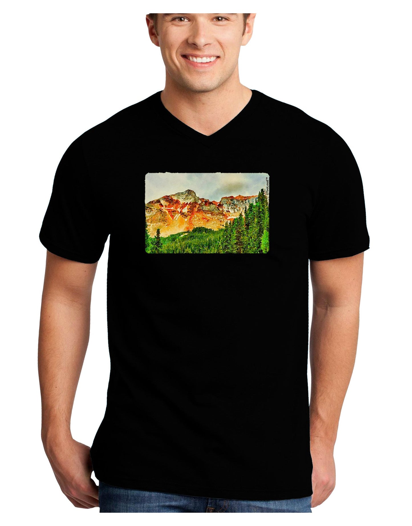 Colorado Forrest Watercolor Adult Dark V-Neck T-Shirt-TooLoud-Black-Small-Davson Sales