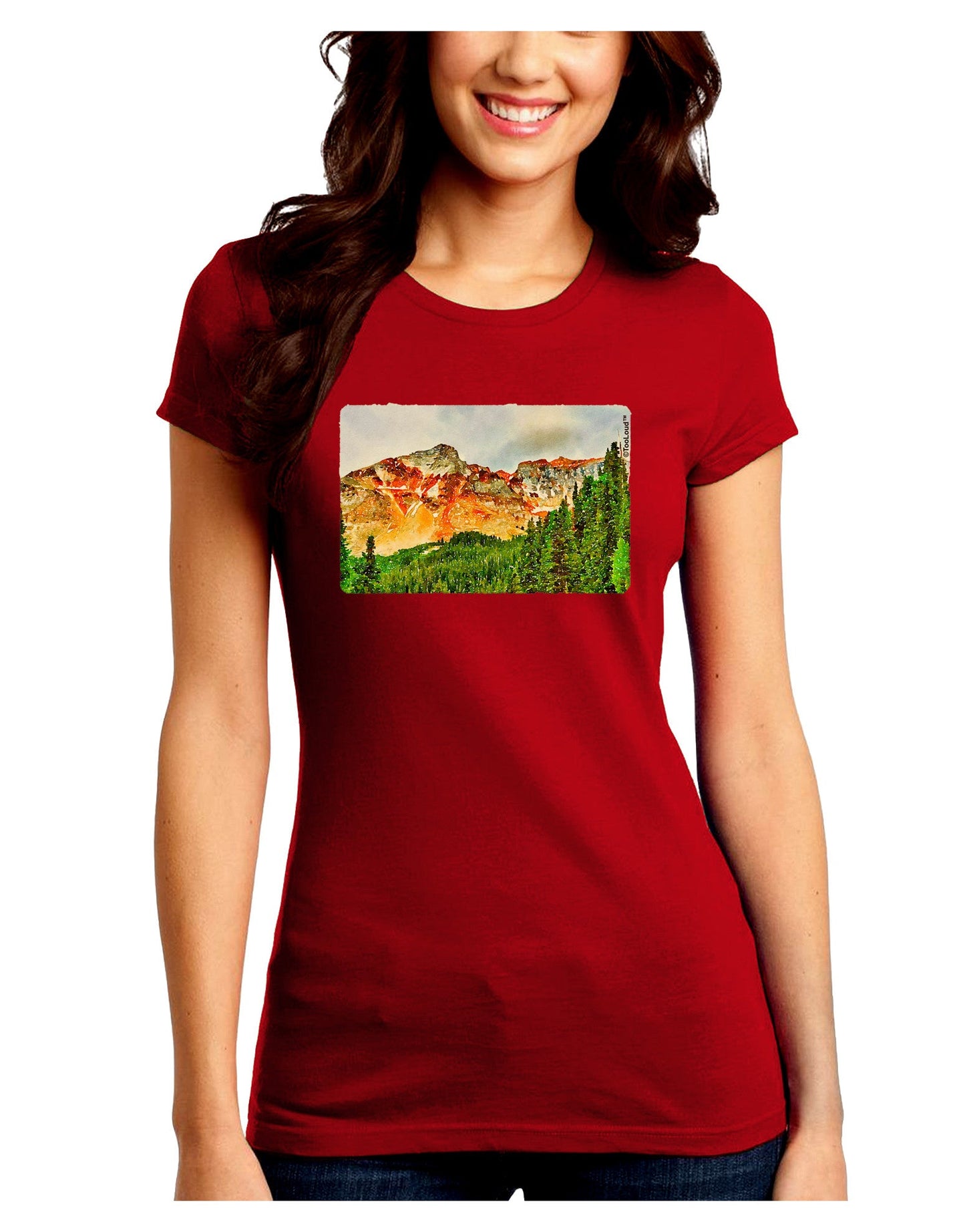 Colorado Forrest Watercolor Juniors Crew Dark T-Shirt-T-Shirts Juniors Tops-TooLoud-Red-Juniors Fitted Small-Davson Sales