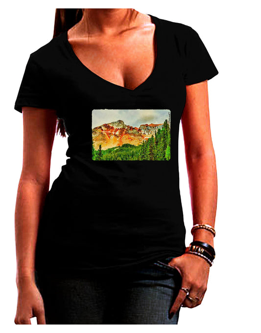 Colorado Forrest Watercolor Juniors V-Neck Dark T-Shirt-Womens V-Neck T-Shirts-TooLoud-Black-Juniors Fitted Small-Davson Sales