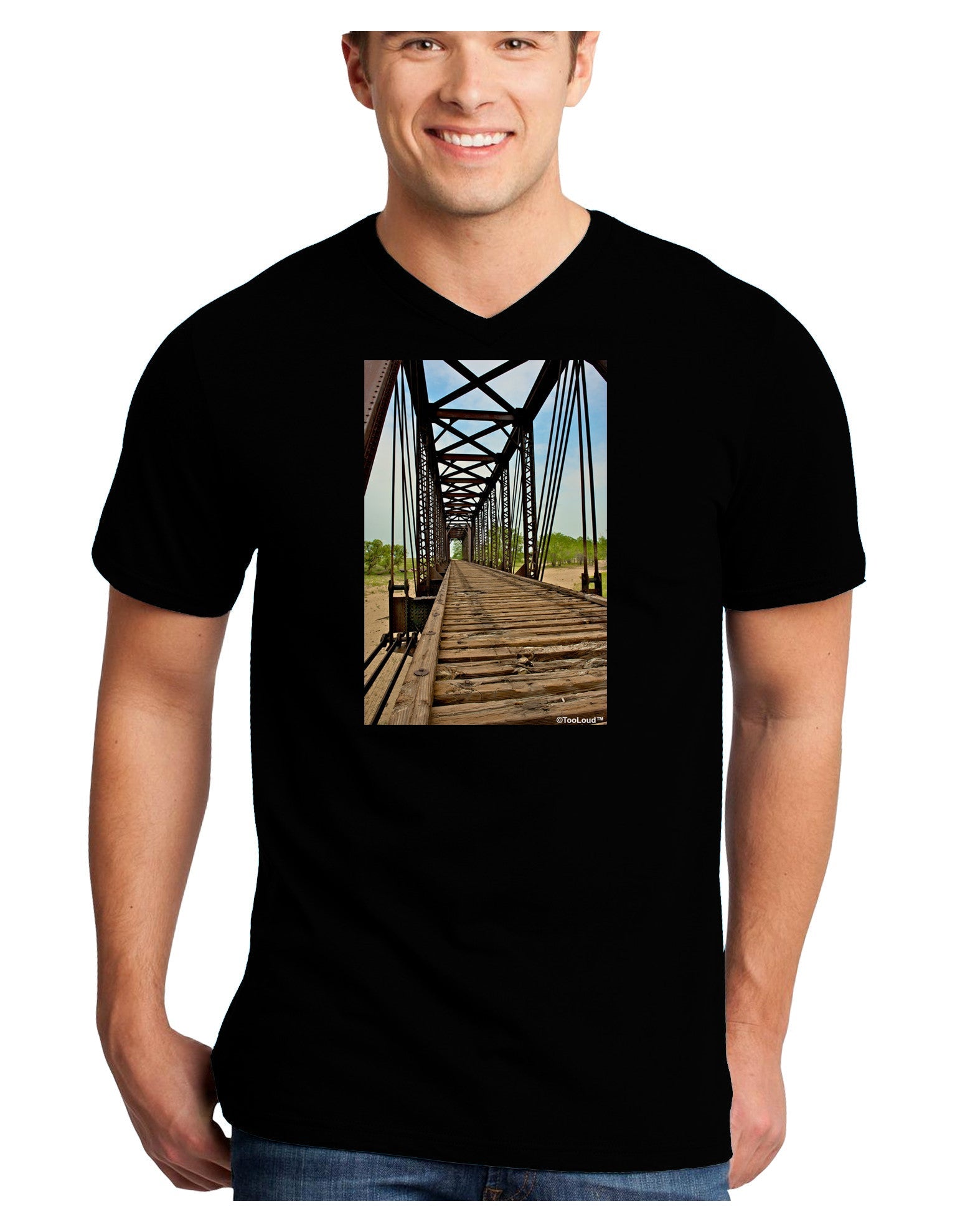 Colorado Landscape Bridge Adult Dark V-Neck T-Shirt-TooLoud-Black-Small-Davson Sales