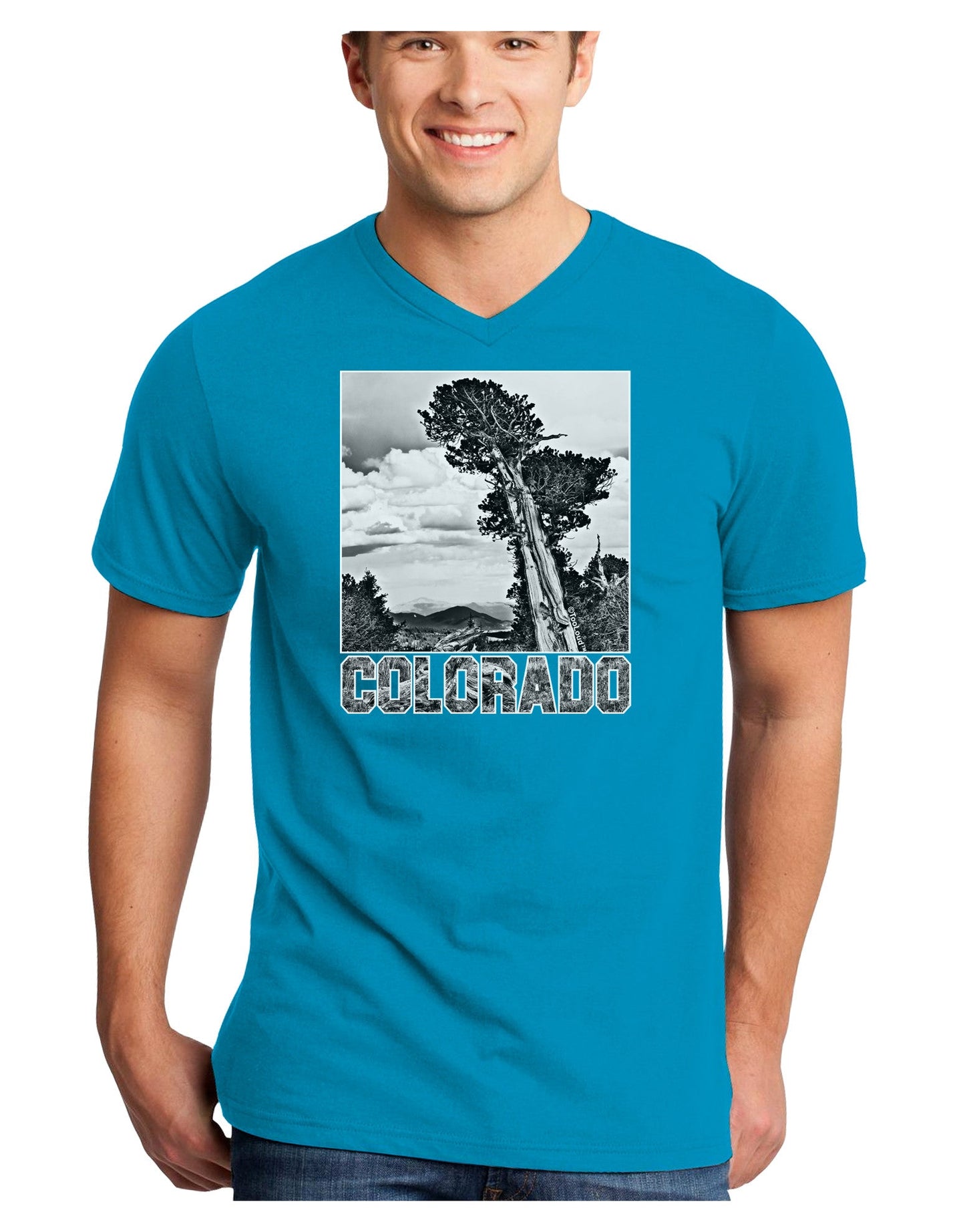 Colorado Landscape Text BW Adult Dark V-Neck T-Shirt-TooLoud-Turquoise-Small-Davson Sales