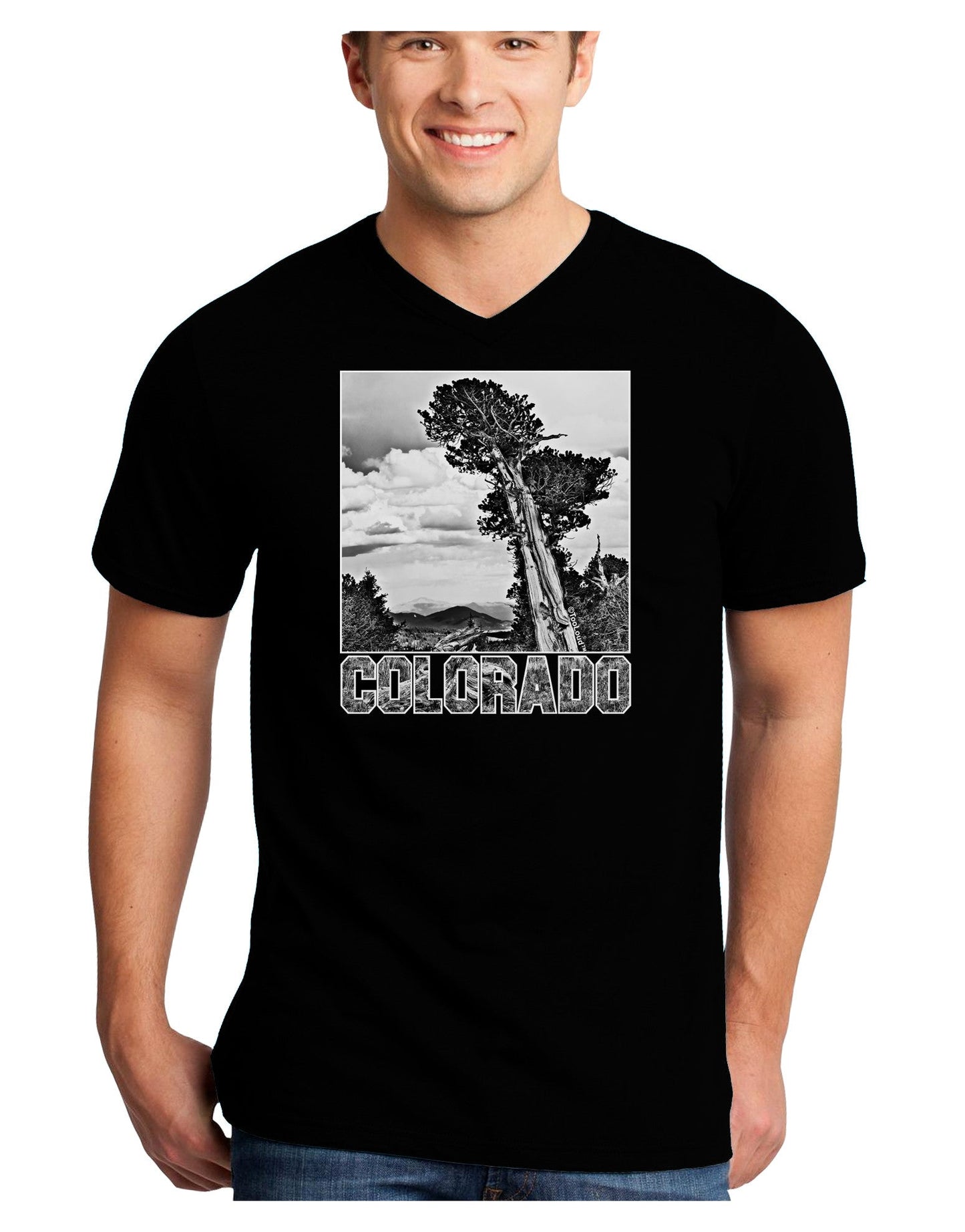 Colorado Landscape Text BW Adult Dark V-Neck T-Shirt-TooLoud-Black-Small-Davson Sales