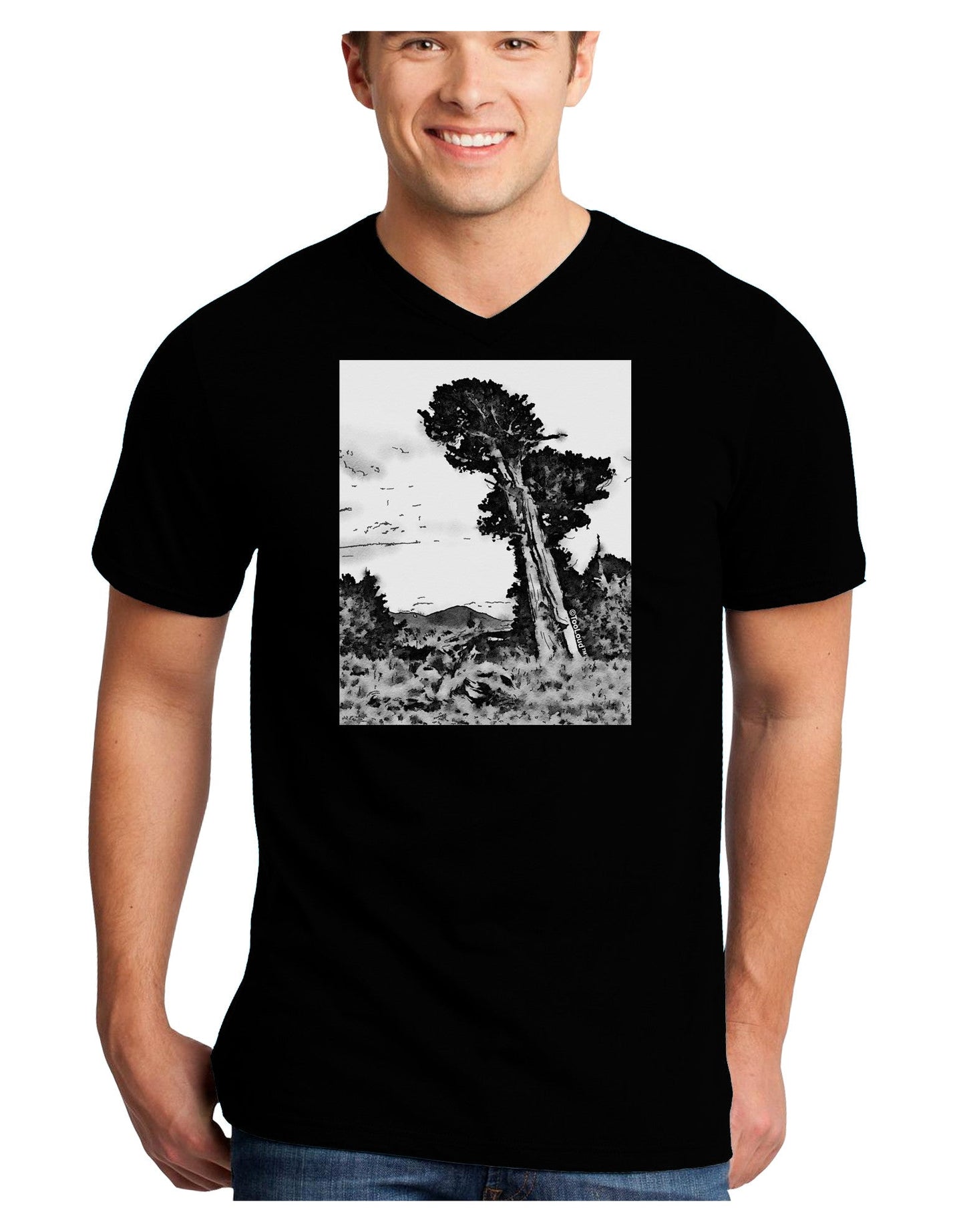 Colorado Landscape Watercolor BW Adult Dark V-Neck T-Shirt-TooLoud-Black-Small-Davson Sales