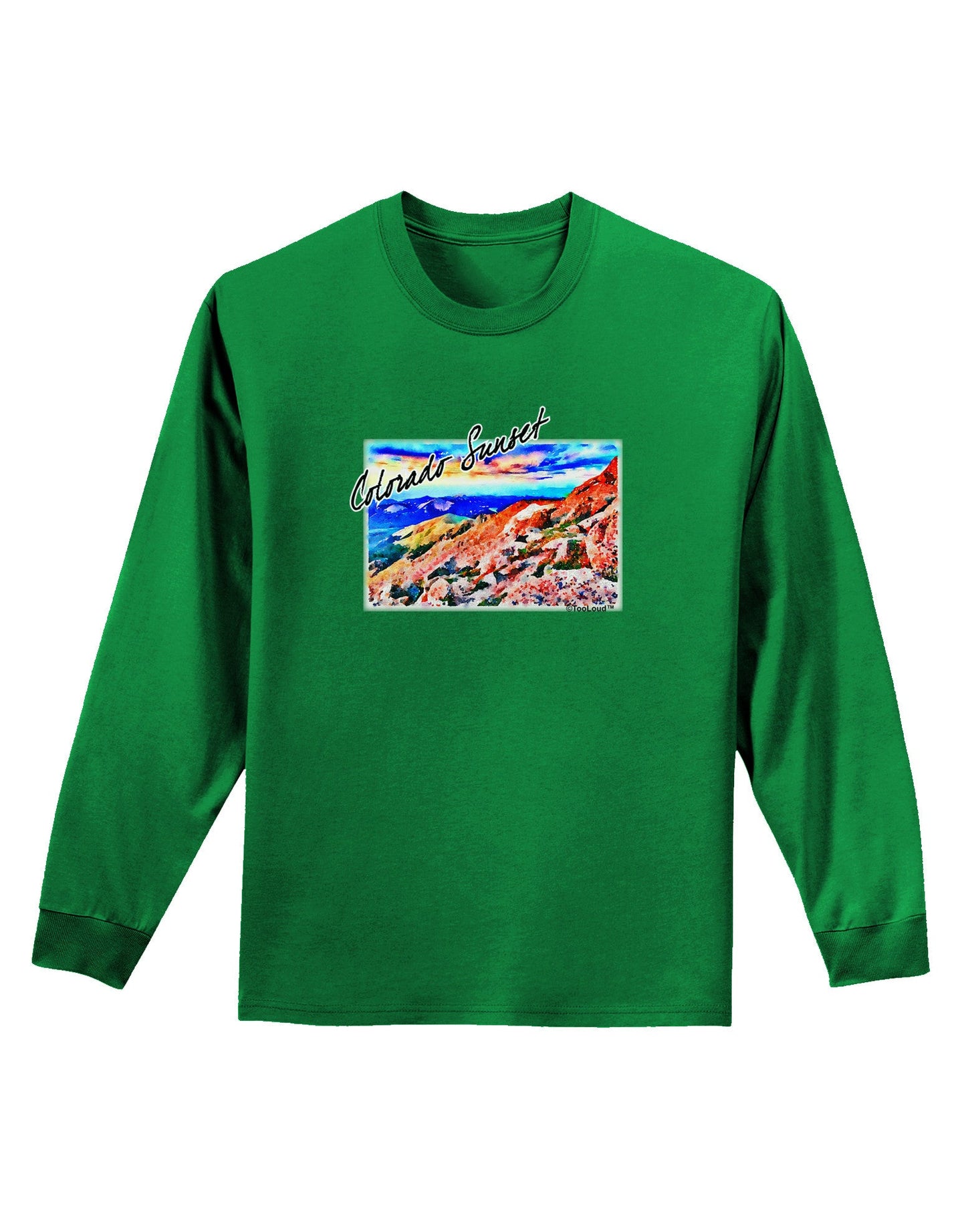 Colorado Mtn Sunset Bold WaterColor Adult Long Sleeve Dark T-Shirt-TooLoud-Kelly-Green-Small-Davson Sales