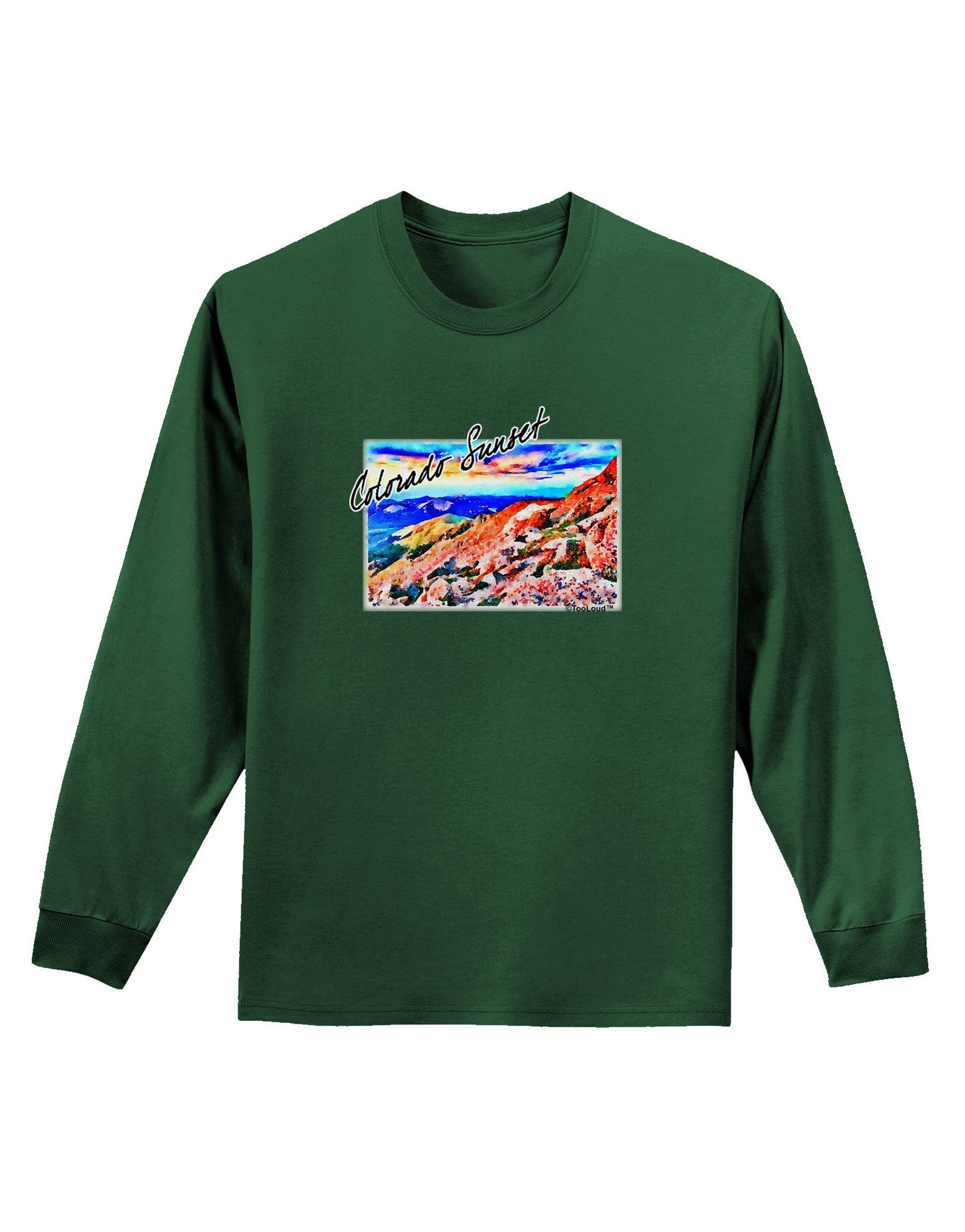 Colorado Mtn Sunset Bold WaterColor Adult Long Sleeve Dark T-Shirt-TooLoud-Dark-Green-Small-Davson Sales