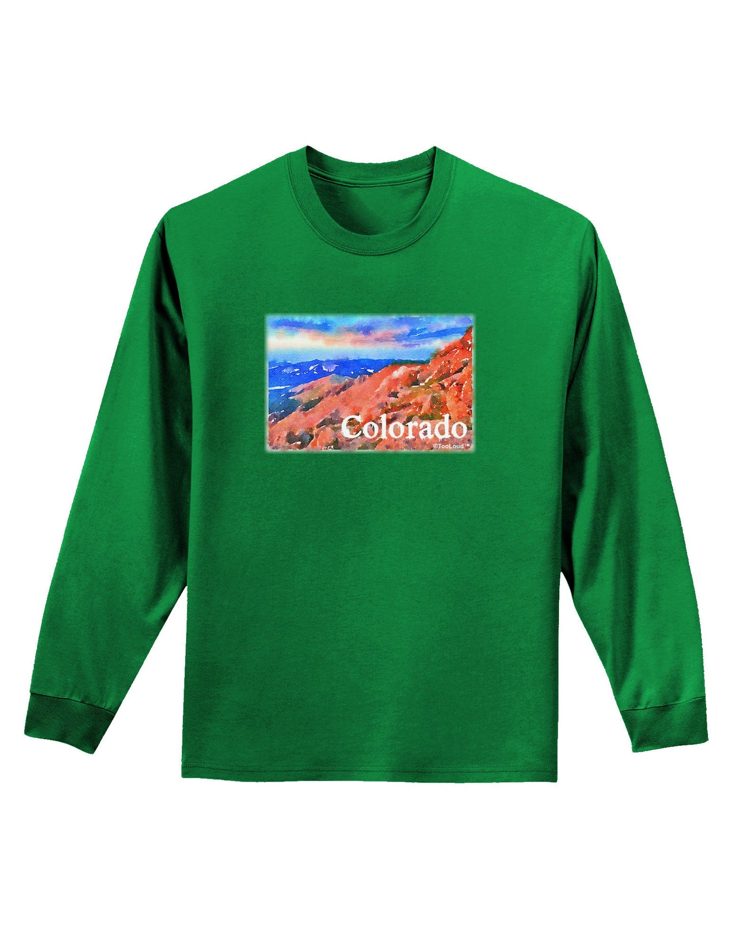 Colorado Mtn Sunset Soaked WaterColor Adult Long Sleeve Dark T-Shirt-TooLoud-Kelly-Green-Small-Davson Sales