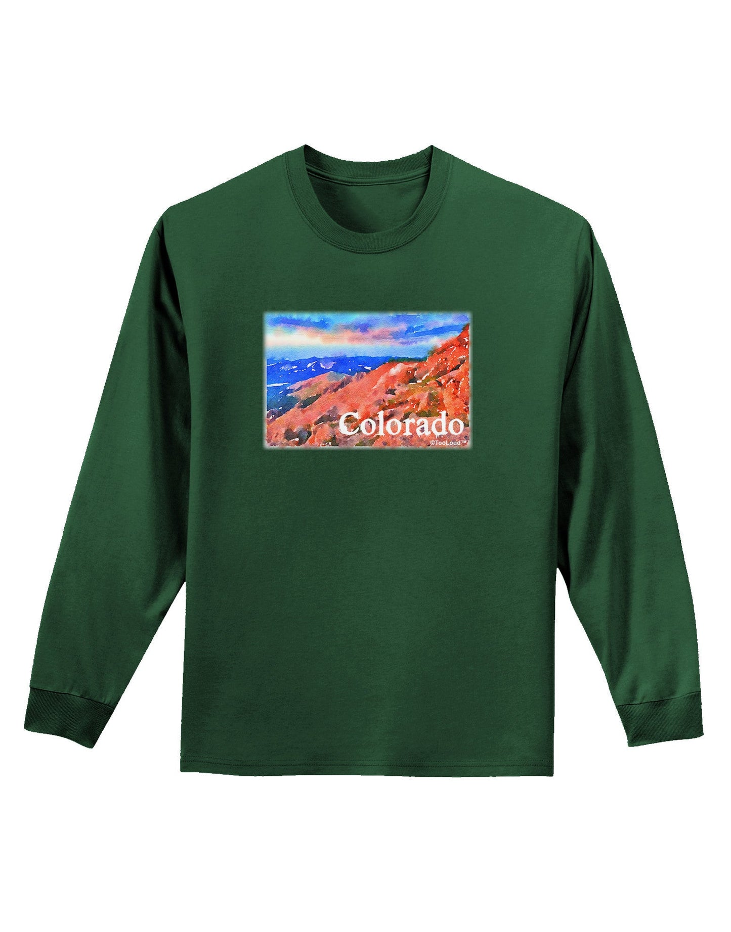 Colorado Mtn Sunset Soaked WaterColor Adult Long Sleeve Dark T-Shirt-TooLoud-Dark-Green-Small-Davson Sales