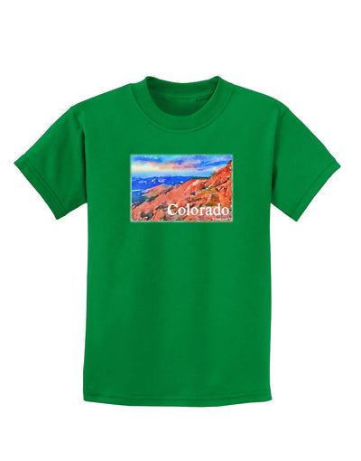 Colorado Mtn Sunset Soaked WaterColor Childrens Dark T-Shirt-Childrens T-Shirt-TooLoud-Kelly-Green-X-Small-Davson Sales