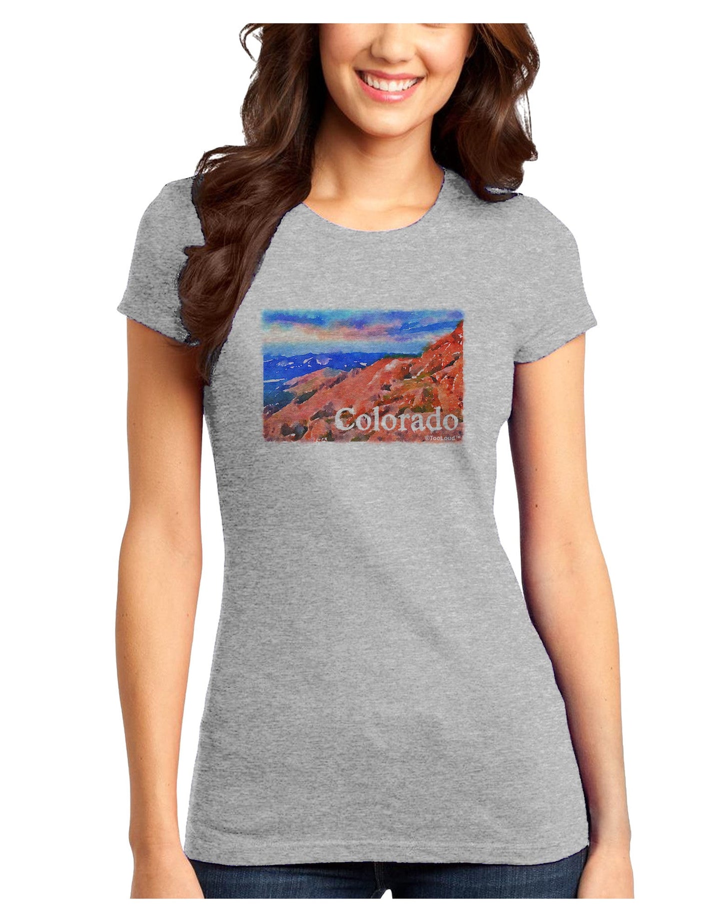 Colorado Mtn Sunset Soaked WaterColor Juniors T-Shirt-Womens Juniors T-Shirt-TooLoud-Ash-Gray-Juniors Fitted X-Small-Davson Sales