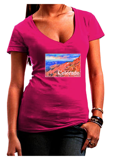 Colorado Mtn Sunset Soaked WaterColor Juniors V-Neck Dark T-Shirt-Womens V-Neck T-Shirts-TooLoud-Hot-Pink-Juniors Fitted Small-Davson Sales