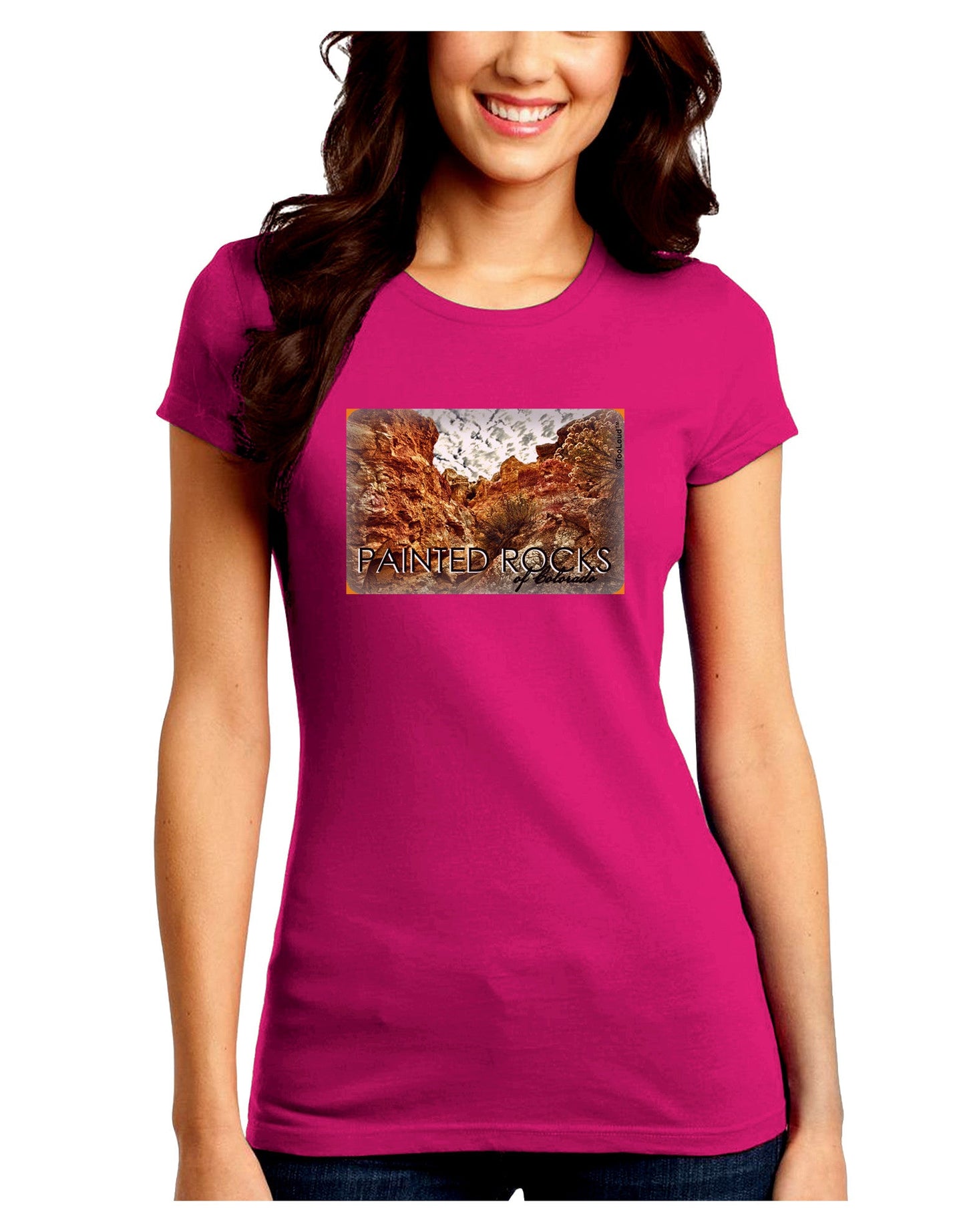 Colorado Painted Rocks Text Juniors Petite Crew Dark T-Shirt-T-Shirts Juniors Tops-TooLoud-Hot-Pink-Juniors Fitted Small-Davson Sales