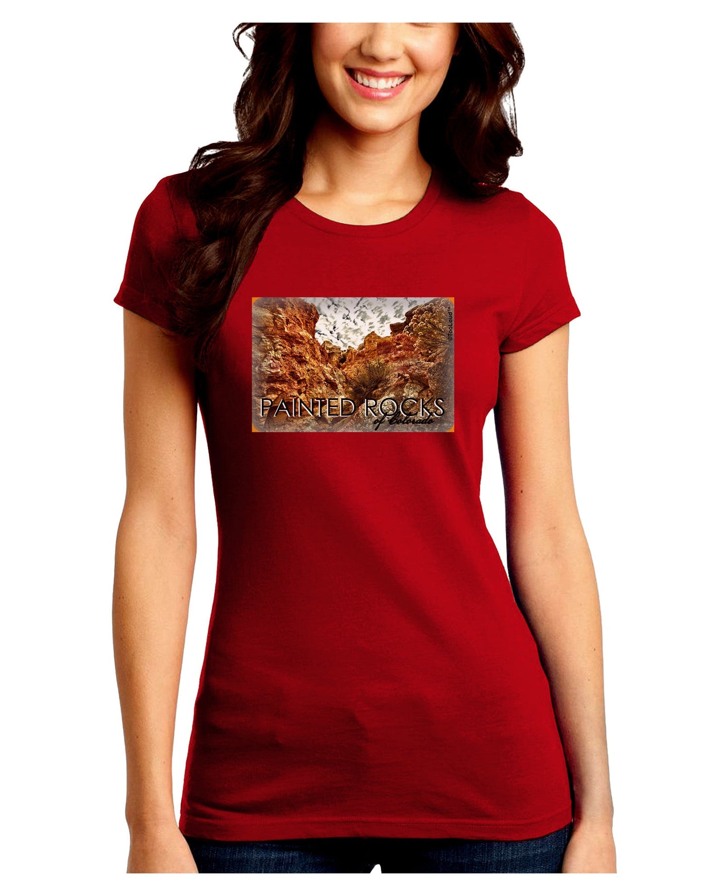 Colorado Painted Rocks Text Juniors Petite Crew Dark T-Shirt-T-Shirts Juniors Tops-TooLoud-Red-Juniors Fitted Small-Davson Sales