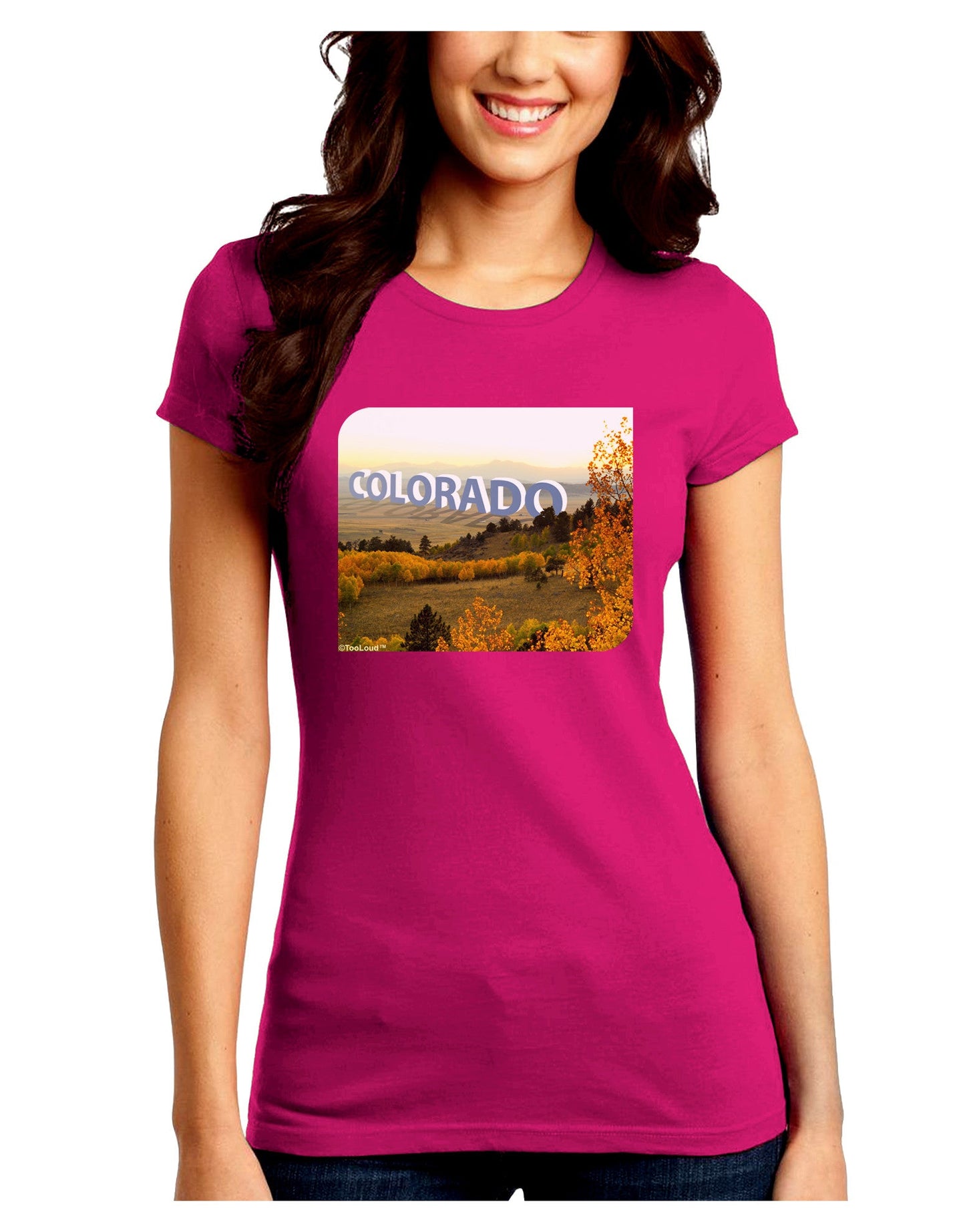Colorado Postcard Gentle Sunrise Juniors Petite Crew Dark T-Shirt-T-Shirts Juniors Tops-TooLoud-Hot-Pink-Juniors Fitted Small-Davson Sales
