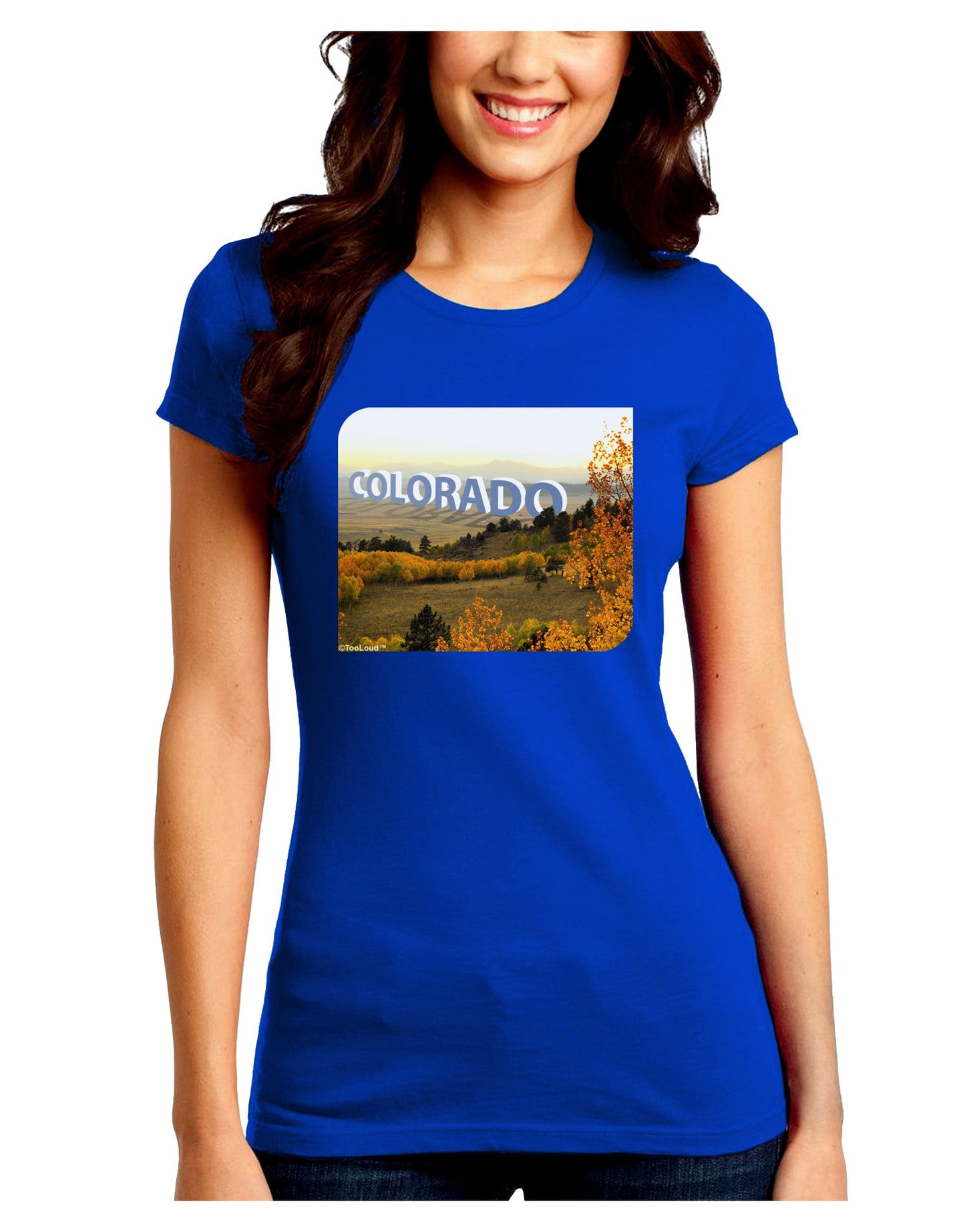 Colorado Postcard Gentle Sunrise Juniors Petite Crew Dark T-Shirt-T-Shirts Juniors Tops-TooLoud-Royal-Blue-Juniors Fitted Small-Davson Sales