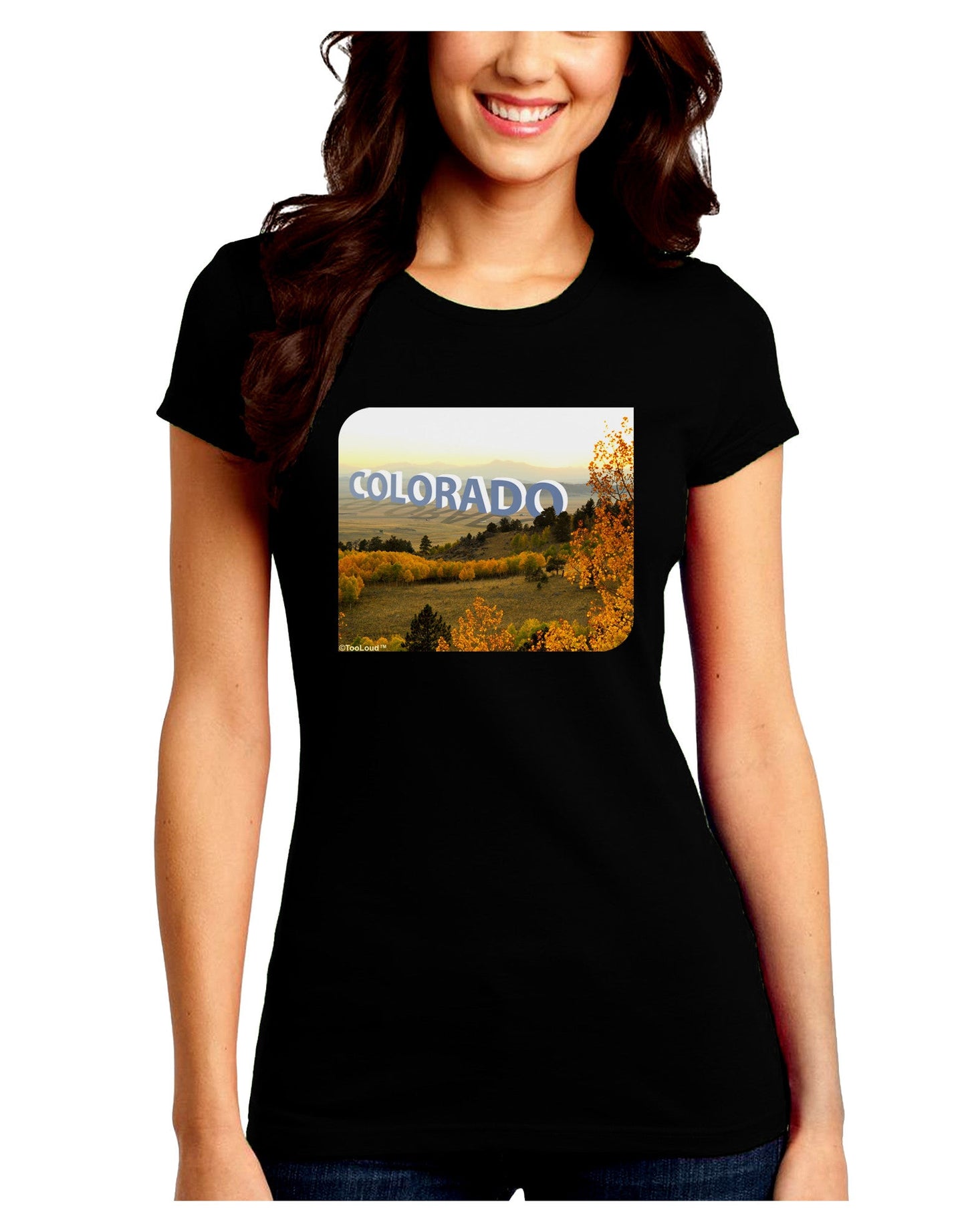 Colorado Postcard Gentle Sunrise Juniors Petite Crew Dark T-Shirt-T-Shirts Juniors Tops-TooLoud-Black-Juniors Fitted Small-Davson Sales