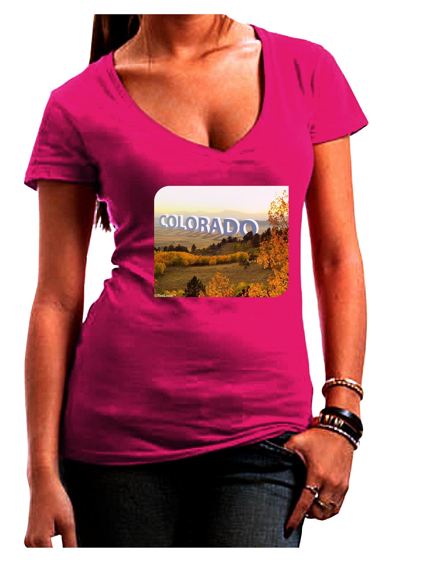 Colorado Postcard Gentle Sunrise Womens V-Neck Dark T-Shirt-Womens V-Neck T-Shirts-TooLoud-Hot-Pink-Juniors Fitted Small-Davson Sales