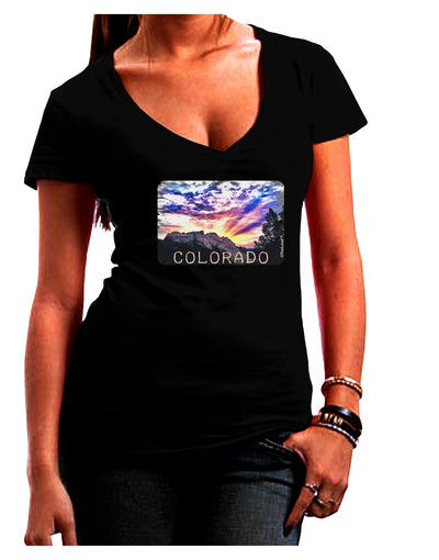Colorado Rainbow Sunset Text Juniors V-Neck Dark T-Shirt-Womens V-Neck T-Shirts-TooLoud-Black-Juniors Fitted Small-Davson Sales