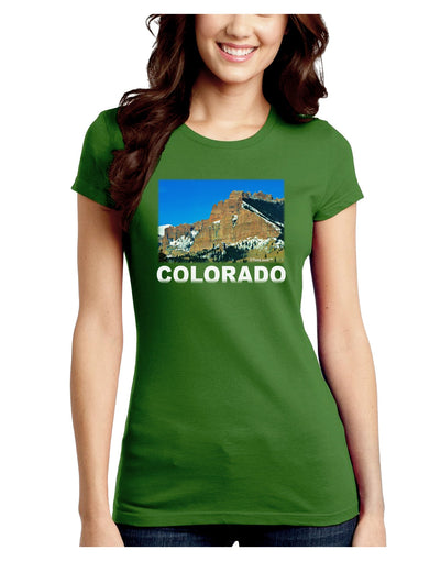 Colorado Snowy Mountains Text Juniors Crew Dark T-Shirt-T-Shirts Juniors Tops-TooLoud-Kiwi-Green-Juniors Fitted Small-Davson Sales