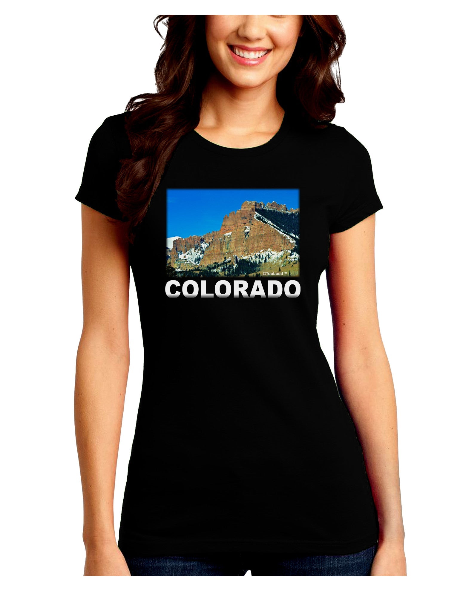 Colorado Snowy Mountains Text Juniors Crew Dark T-Shirt-T-Shirts Juniors Tops-TooLoud-Black-Juniors Fitted Small-Davson Sales