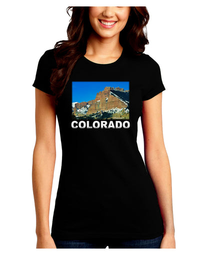 Colorado Snowy Mountains Text Juniors Crew Dark T-Shirt-T-Shirts Juniors Tops-TooLoud-Black-Juniors Fitted Small-Davson Sales