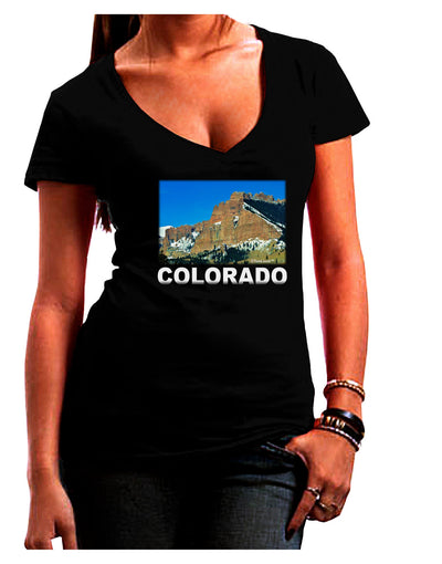 Colorado Snowy Mountains Text Juniors V-Neck Dark T-Shirt-Womens V-Neck T-Shirts-TooLoud-Black-Juniors Fitted Small-Davson Sales