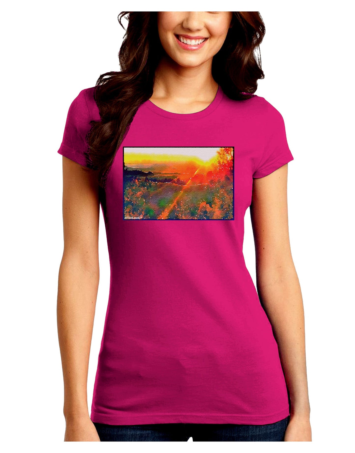 Colorado Sunset Watercolor Juniors Petite Crew Dark T-Shirt-T-Shirts Juniors Tops-TooLoud-Hot-Pink-Juniors Fitted Small-Davson Sales