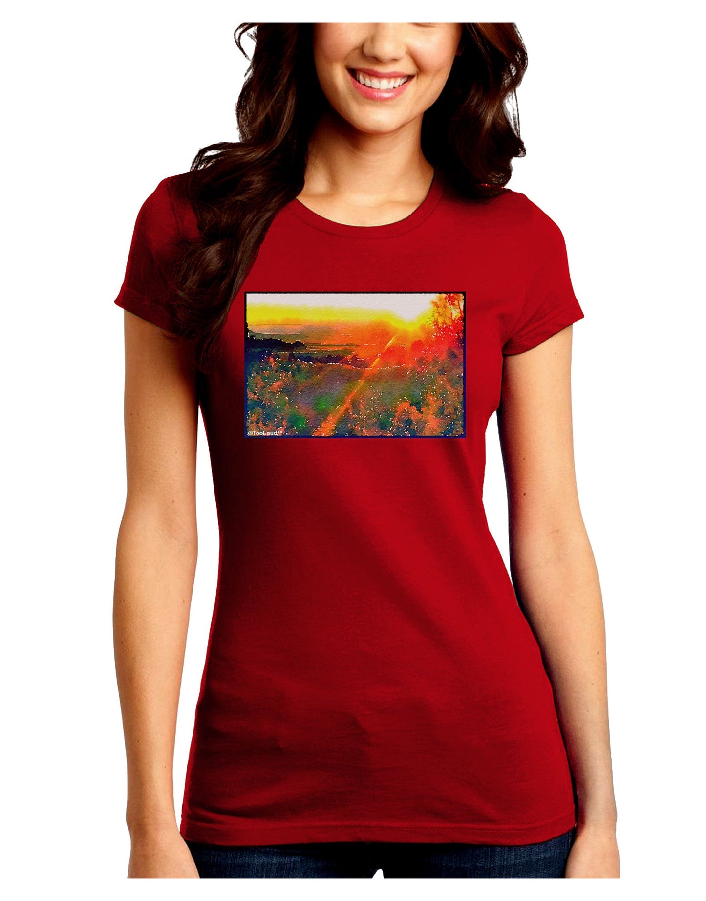 Colorado Sunset Watercolor Juniors Petite Crew Dark T-Shirt-T-Shirts Juniors Tops-TooLoud-Red-Juniors Fitted Small-Davson Sales