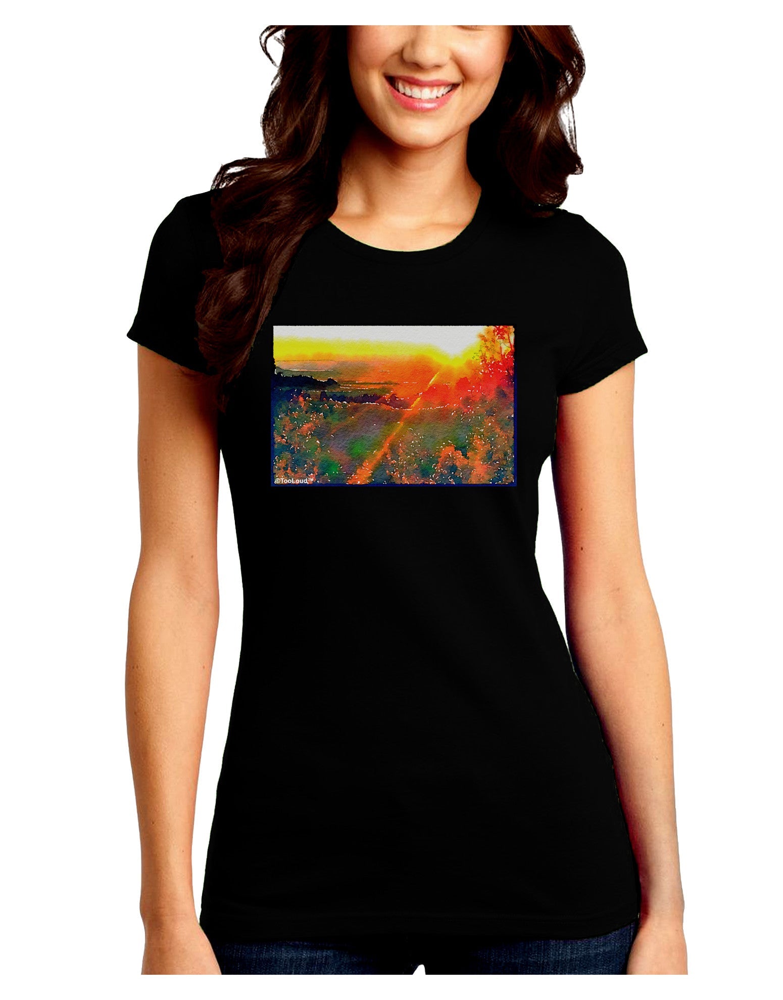Colorado Sunset Watercolor Juniors Petite Crew Dark T-Shirt-T-Shirts Juniors Tops-TooLoud-Black-Juniors Fitted Small-Davson Sales