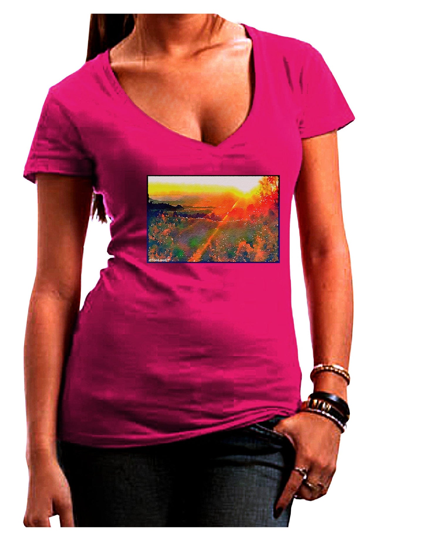 Colorado Sunset Watercolor Womens V-Neck Dark T-Shirt-Womens V-Neck T-Shirts-TooLoud-Hot-Pink-Juniors Fitted Small-Davson Sales