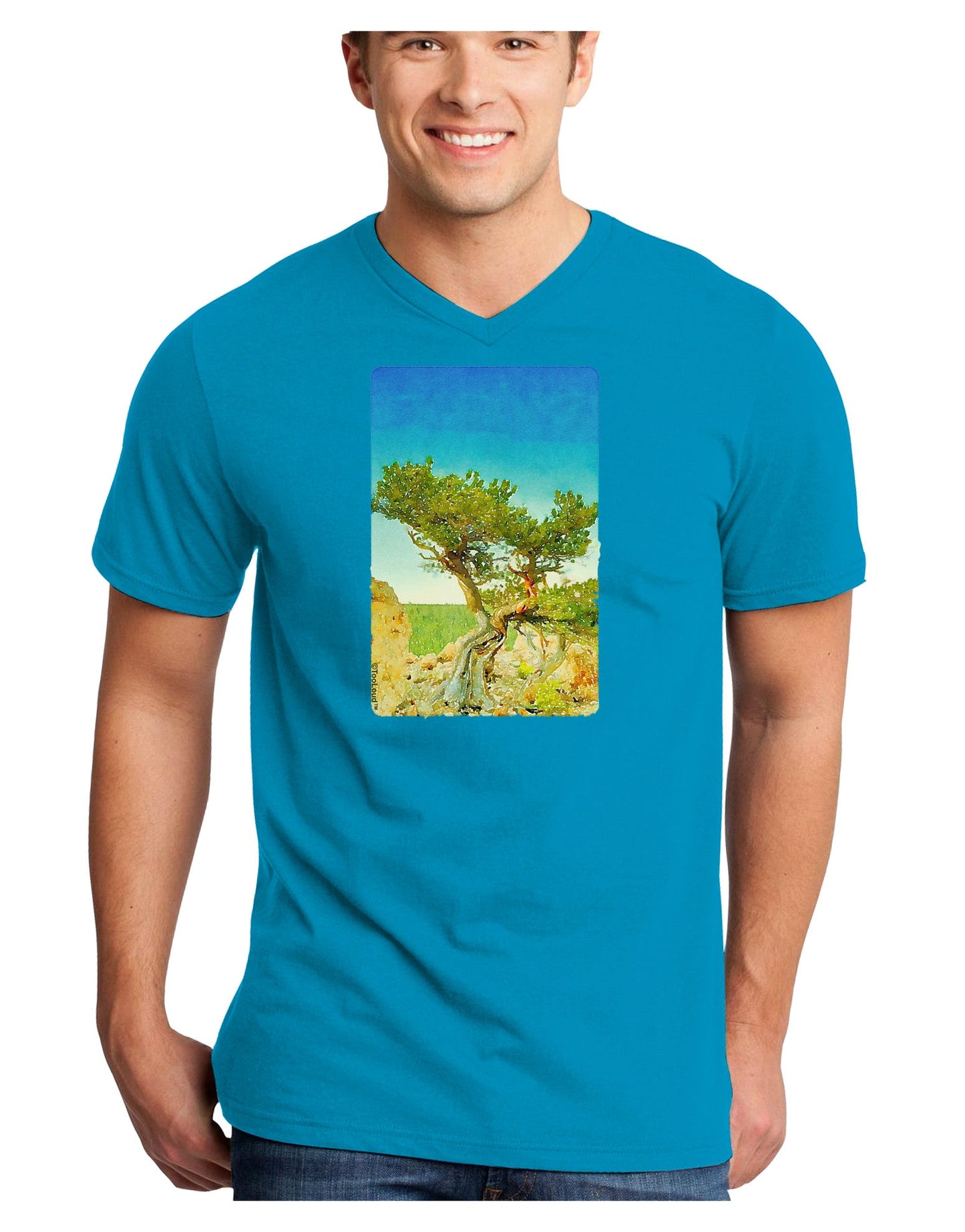 Colorado Tree Watercolor Adult Dark V-Neck T-Shirt-TooLoud-Turquoise-Small-Davson Sales
