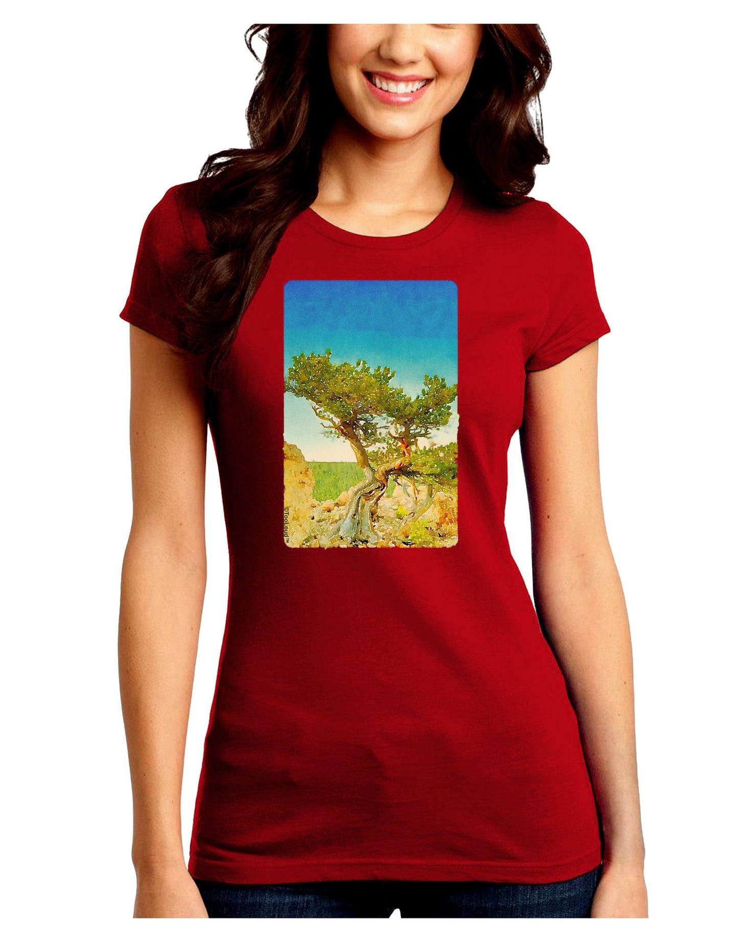 Colorado Tree Watercolor Juniors Crew Dark T-Shirt-T-Shirts Juniors Tops-TooLoud-Red-Juniors Fitted Small-Davson Sales