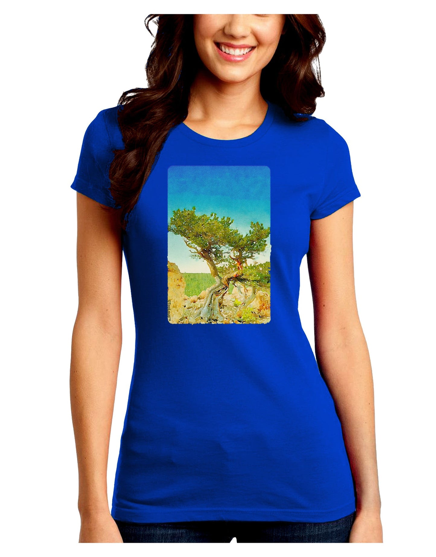 Colorado Tree Watercolor Juniors Crew Dark T-Shirt-T-Shirts Juniors Tops-TooLoud-Royal-Blue-Juniors Fitted Small-Davson Sales