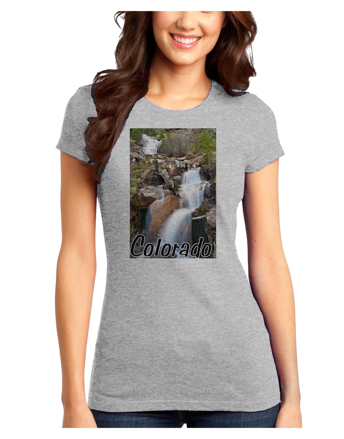 Colorado Waterfall Scene Text Juniors T-Shirt-Womens Juniors T-Shirt-TooLoud-Ash-Gray-Juniors Fitted X-Small-Davson Sales