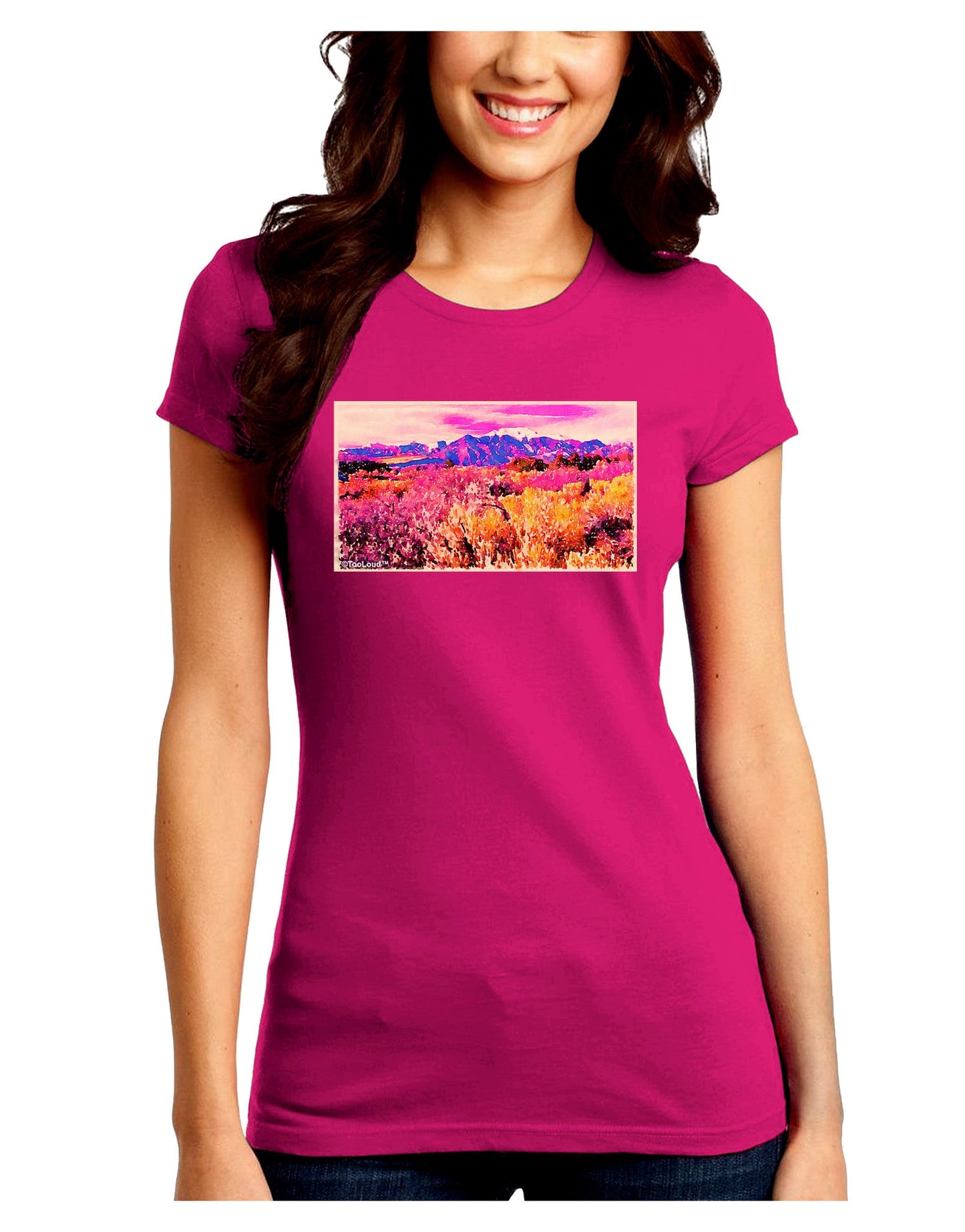 Colorful Colorado Mountains Juniors Petite Crew Dark T-Shirt-T-Shirts Juniors Tops-TooLoud-Hot-Pink-Juniors Fitted Small-Davson Sales