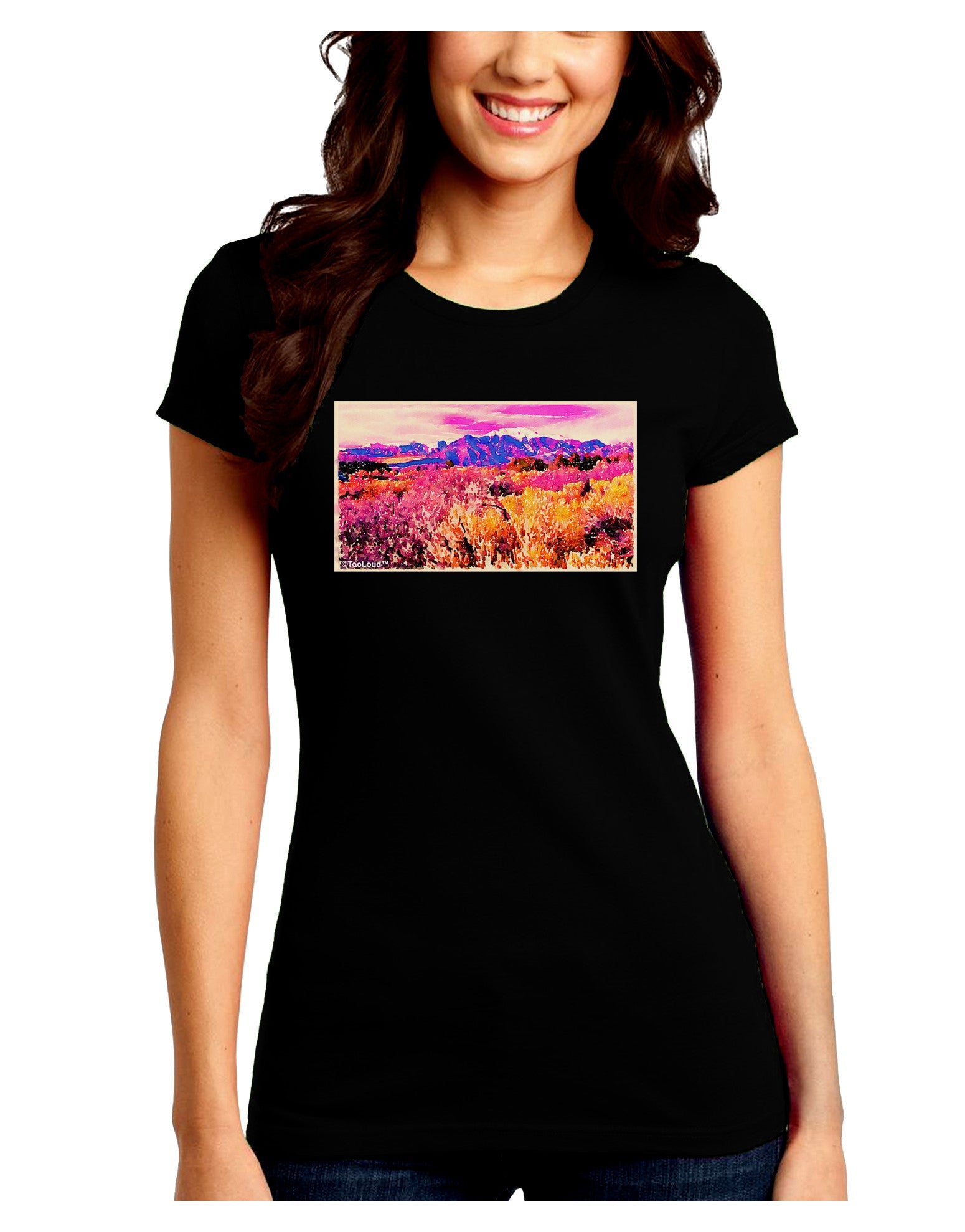 Colorful Colorado Mountains Juniors Petite Crew Dark T-Shirt-T-Shirts Juniors Tops-TooLoud-Black-Juniors Fitted Small-Davson Sales