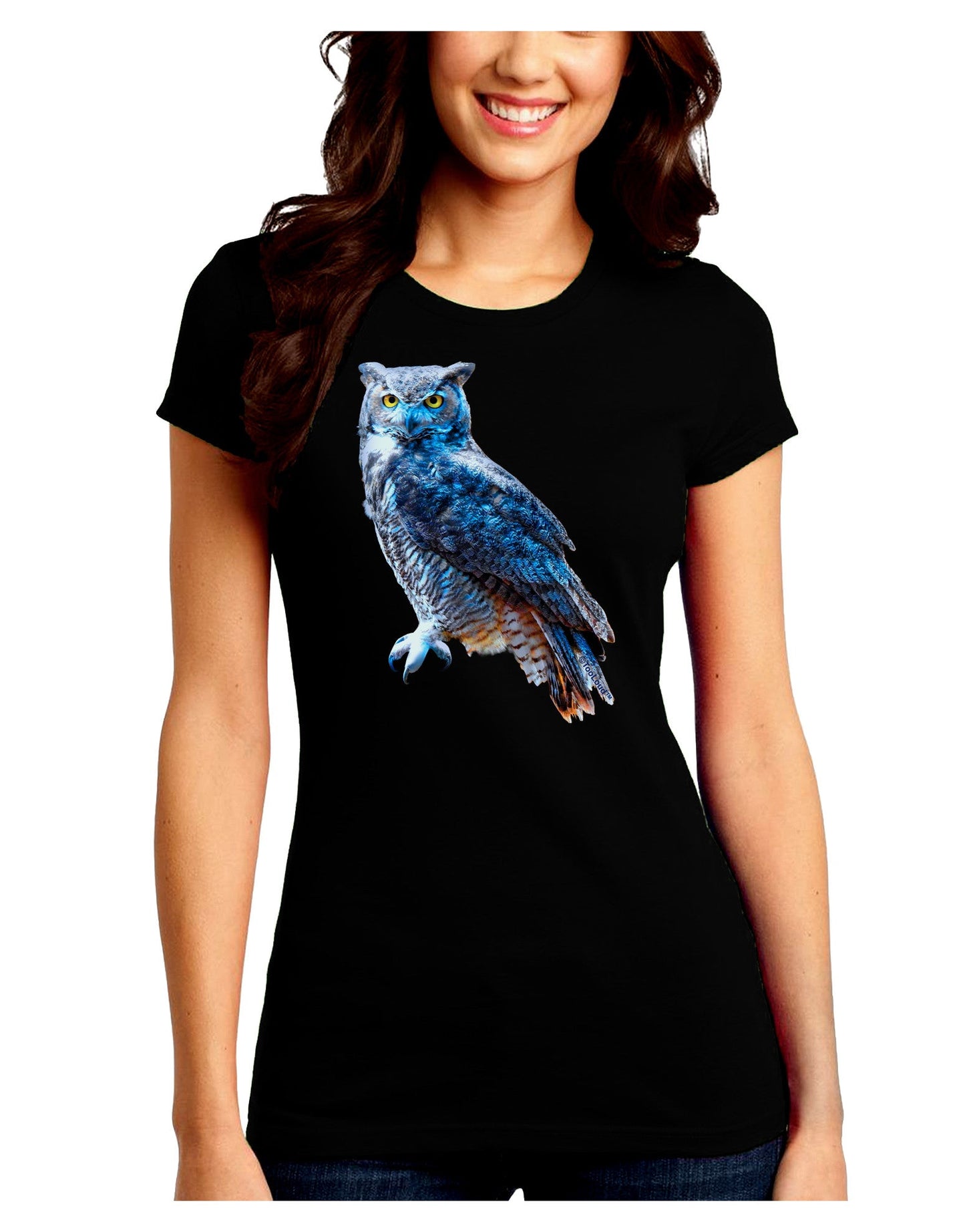 Colorful Great Horned Owl Juniors Petite Crew Dark T-Shirt-T-Shirts Juniors Tops-TooLoud-Black-Juniors Fitted Small-Davson Sales