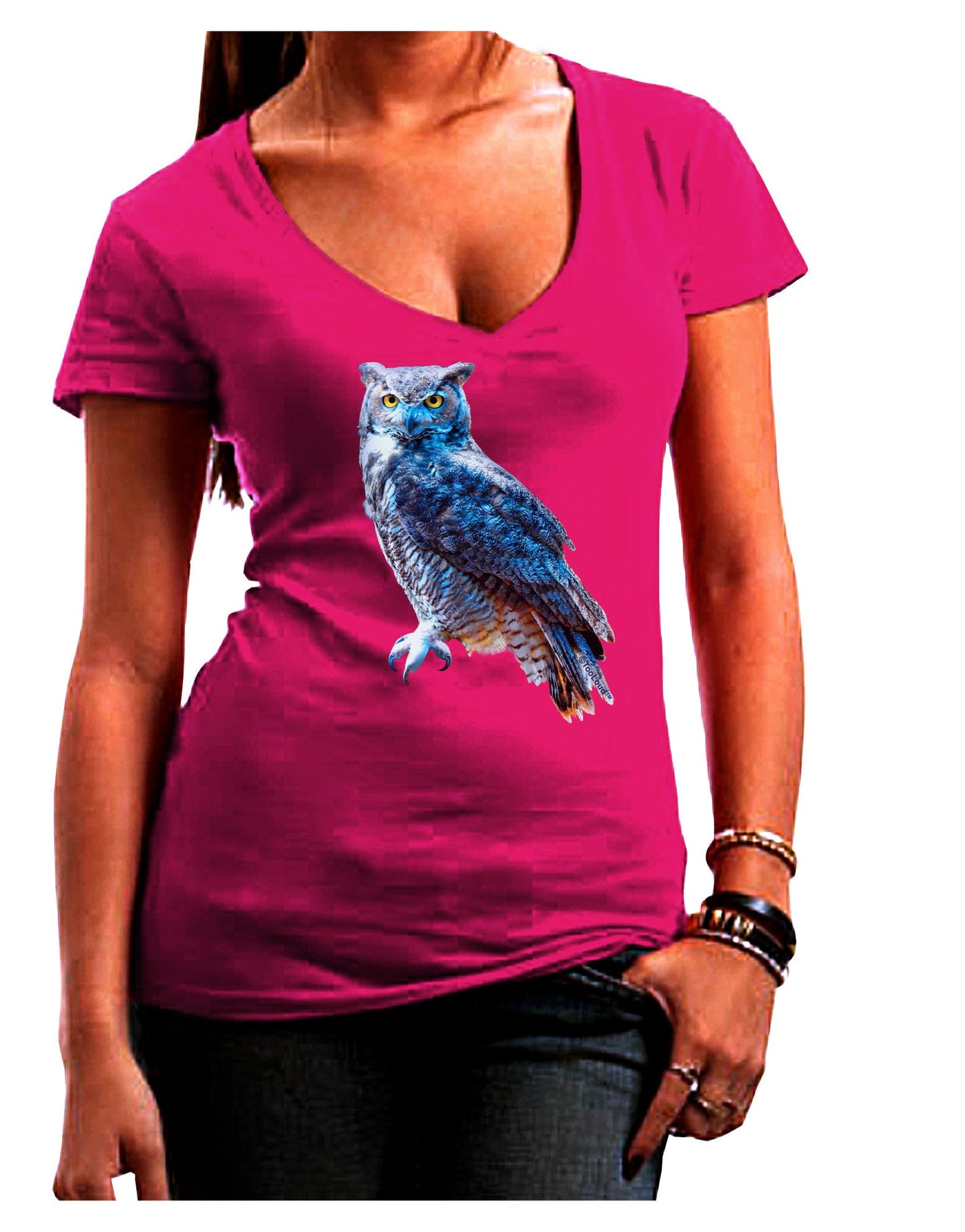 Colorful Great Horned Owl Womens V-Neck Dark T-Shirt-Womens V-Neck T-Shirts-TooLoud-Hot-Pink-Juniors Fitted Small-Davson Sales