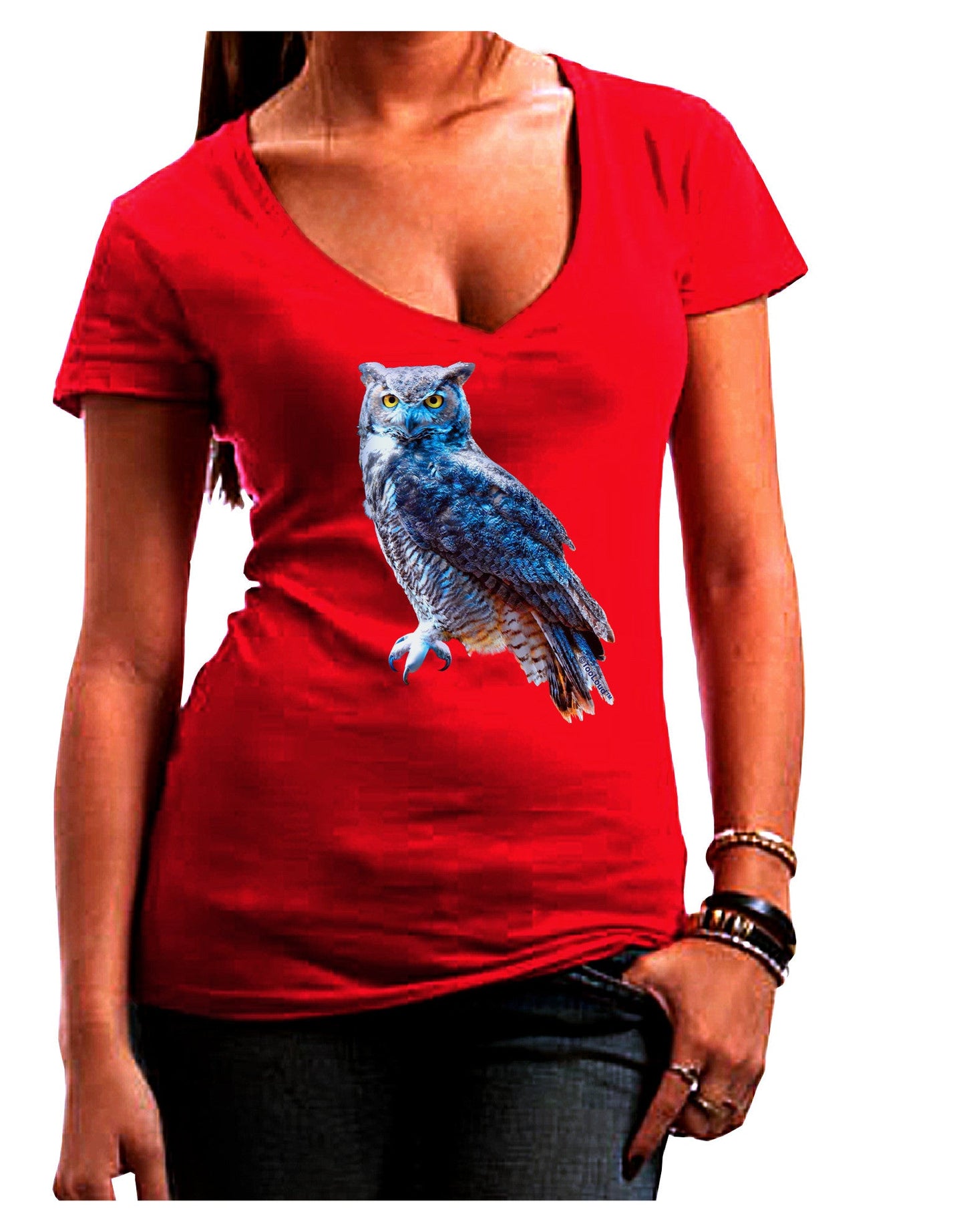 Colorful Great Horned Owl Womens V-Neck Dark T-Shirt-Womens V-Neck T-Shirts-TooLoud-Red-Juniors Fitted Small-Davson Sales