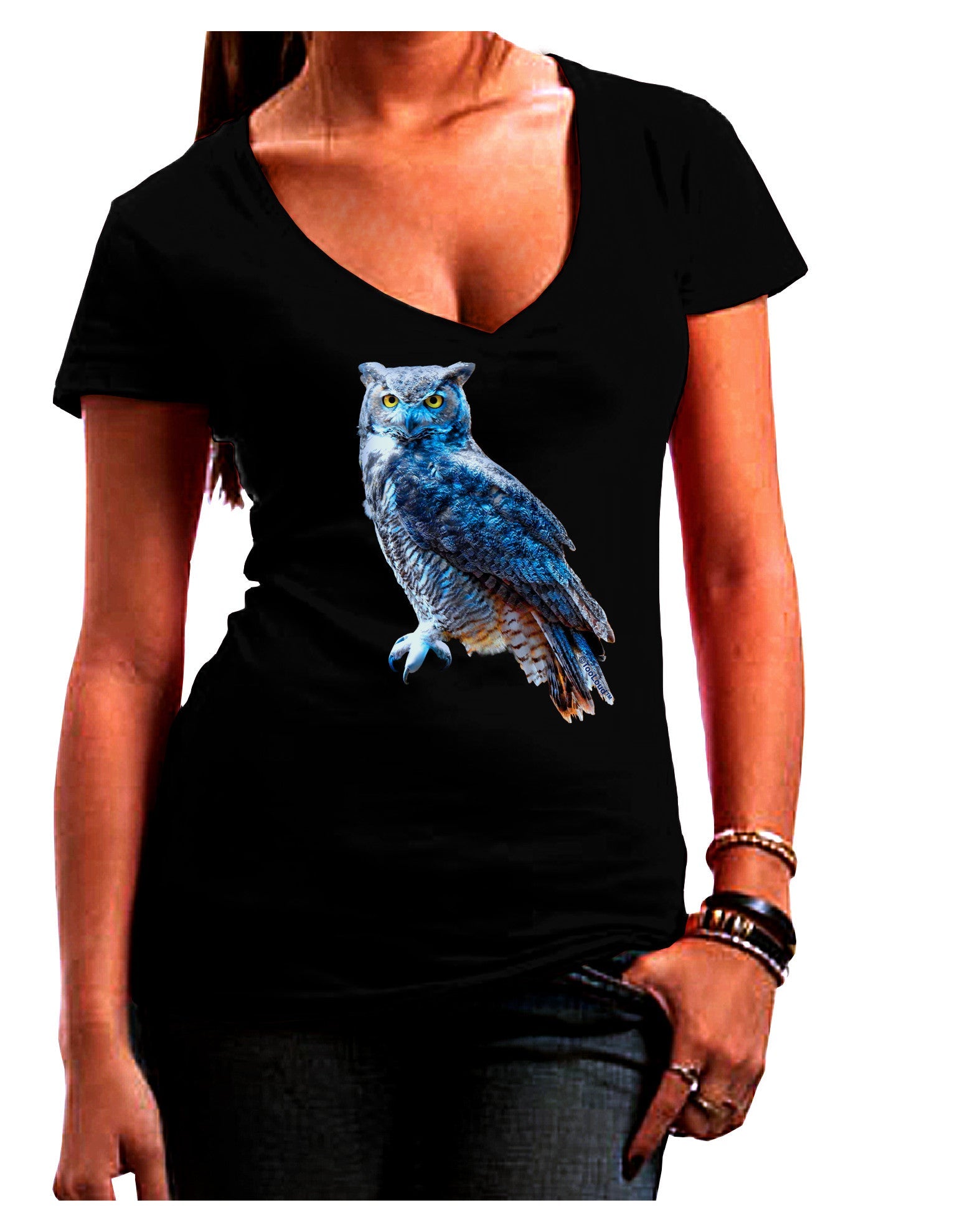 Colorful Great Horned Owl Womens V-Neck Dark T-Shirt-Womens V-Neck T-Shirts-TooLoud-Black-Juniors Fitted Small-Davson Sales