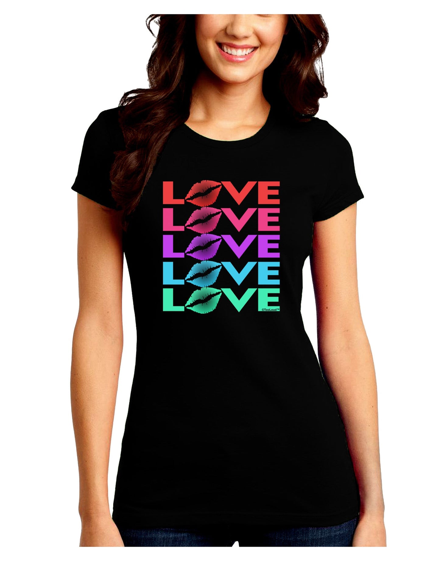 Colorful Love Kisses Juniors Petite Crew Dark T-Shirt-T-Shirts Juniors Tops-TooLoud-Black-Juniors Fitted Small-Davson Sales