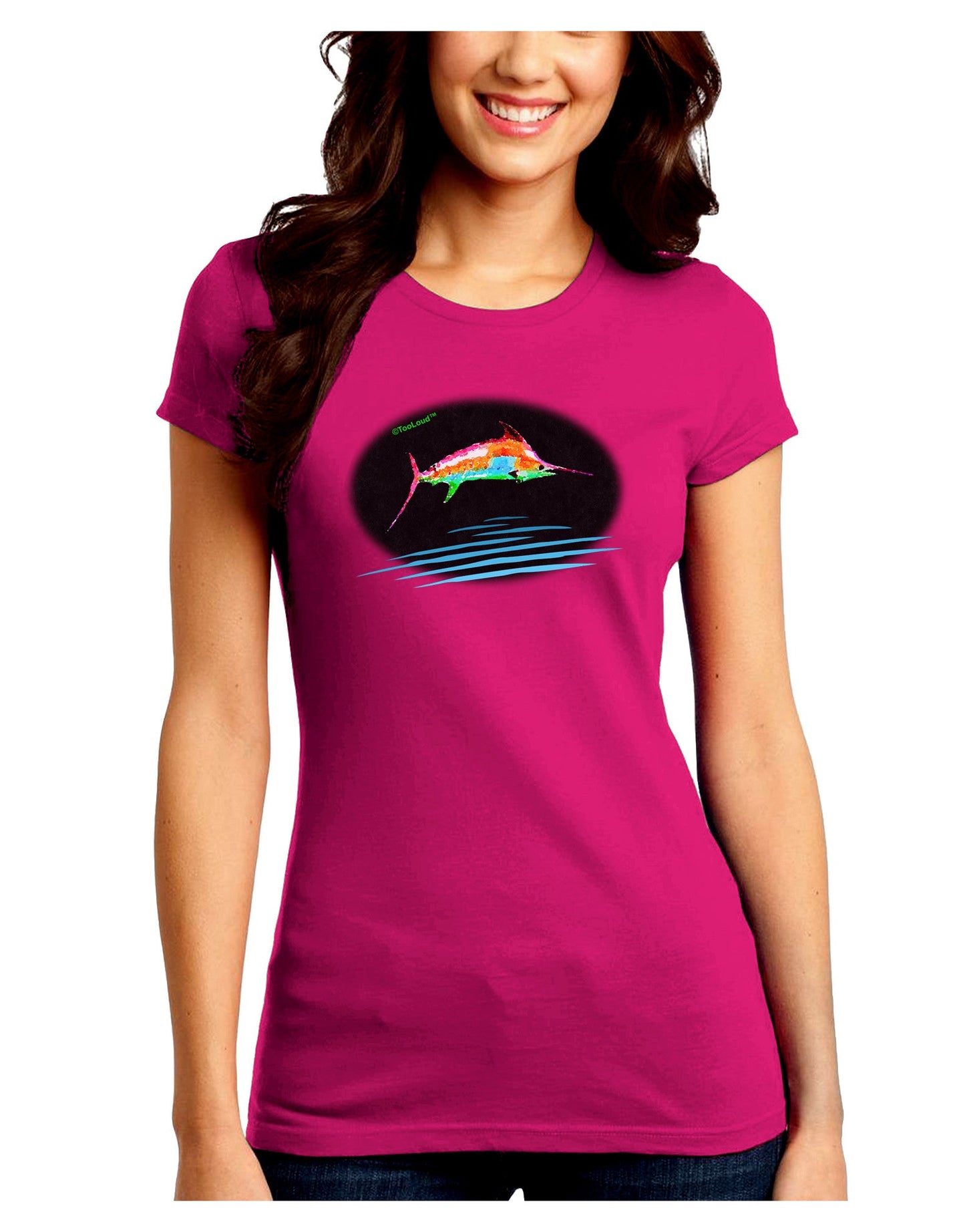 Colorful Swordfish Watercolor Juniors Crew Dark T-Shirt-T-Shirts Juniors Tops-TooLoud-Hot-Pink-Juniors Fitted Small-Davson Sales
