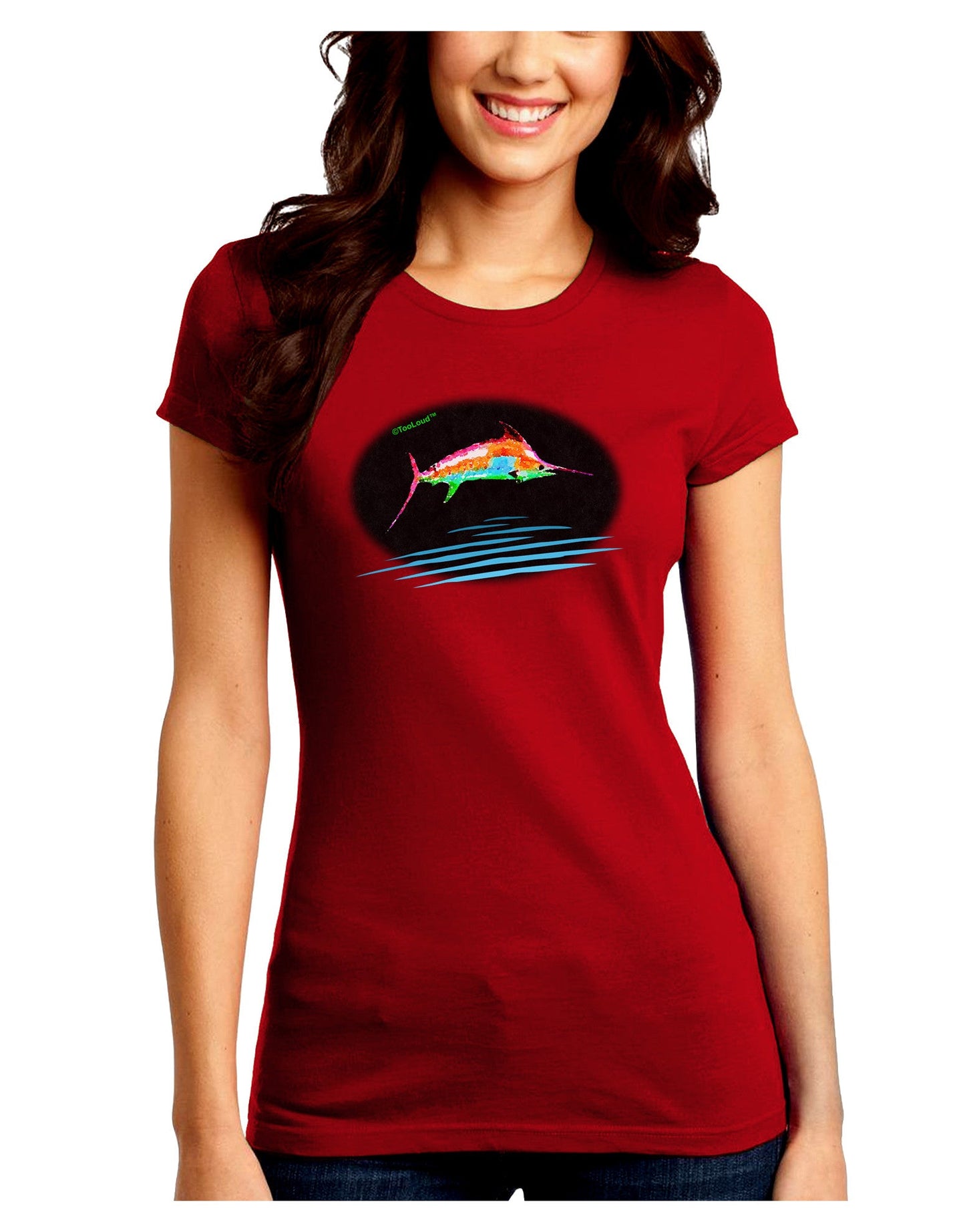 Colorful Swordfish Watercolor Juniors Crew Dark T-Shirt-T-Shirts Juniors Tops-TooLoud-Red-Juniors Fitted Small-Davson Sales