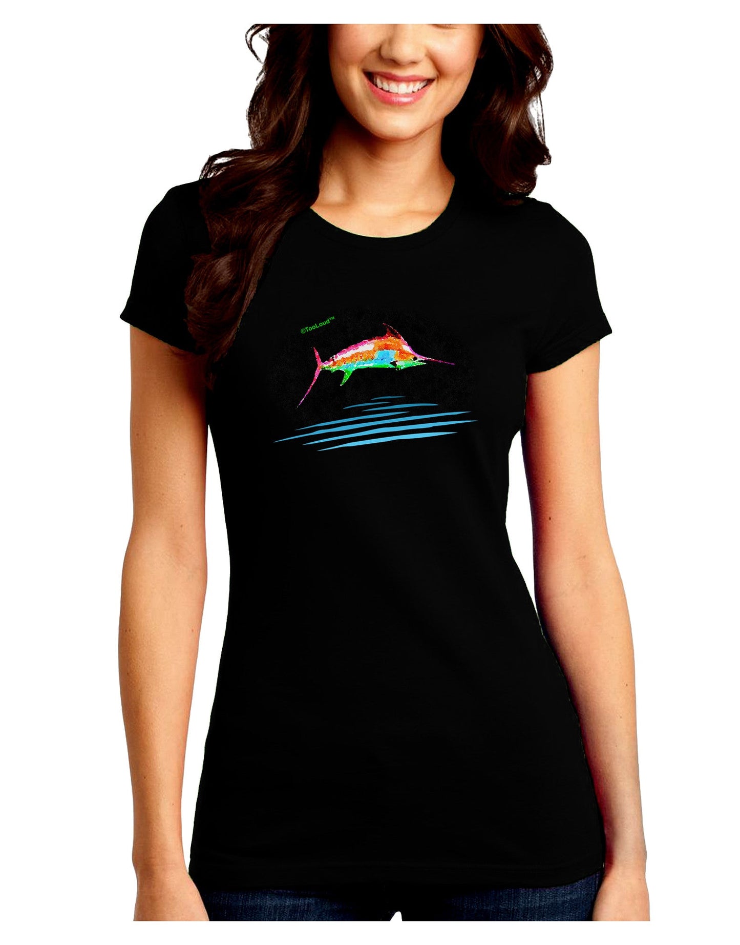Colorful Swordfish Watercolor Juniors Crew Dark T-Shirt-T-Shirts Juniors Tops-TooLoud-Black-Juniors Fitted Small-Davson Sales