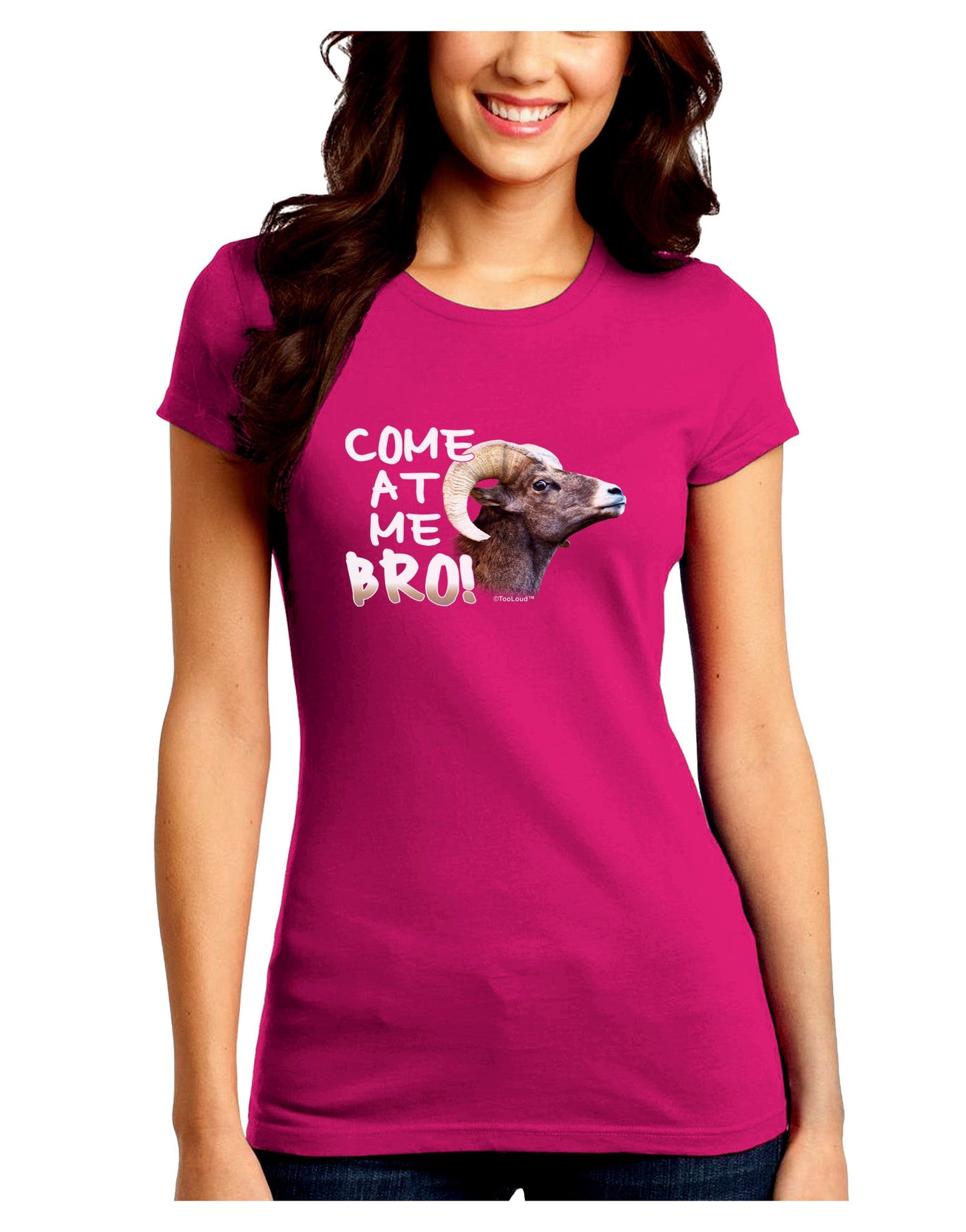 Come At Me Bro Big Horn Juniors Petite Crew Dark T-Shirt-T-Shirts Juniors Tops-TooLoud-Hot-Pink-Juniors Fitted Small-Davson Sales